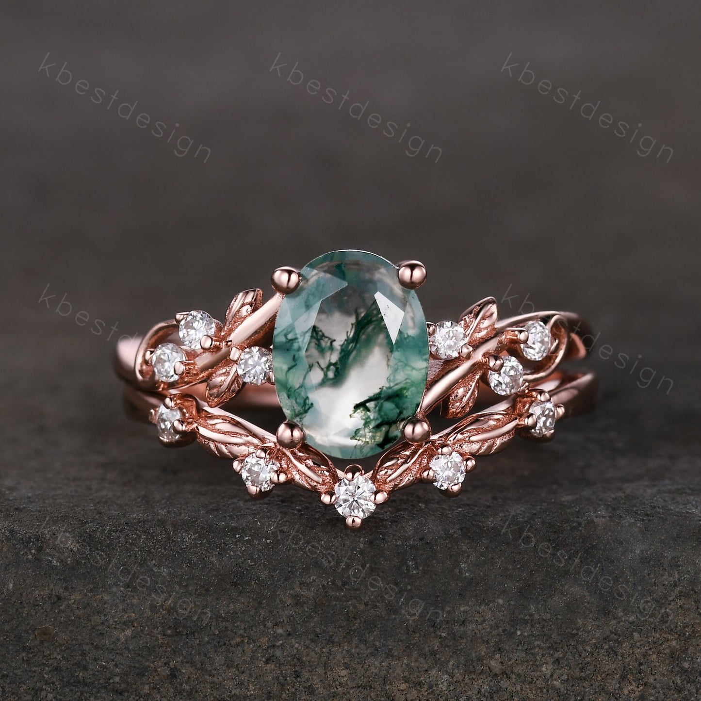 Vintage oval moss agate engagement ring set silver ring twig leaf moissanite ring nature branch ring unique art deco bridal wedding ring set