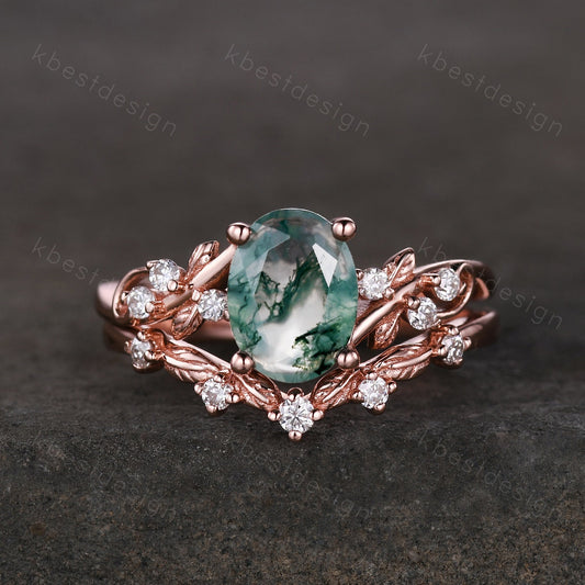 Vintage oval moss agate engagement ring set rose gold twig leaf moissanite ring nature branch ring unique art deco bridal wedding ring set