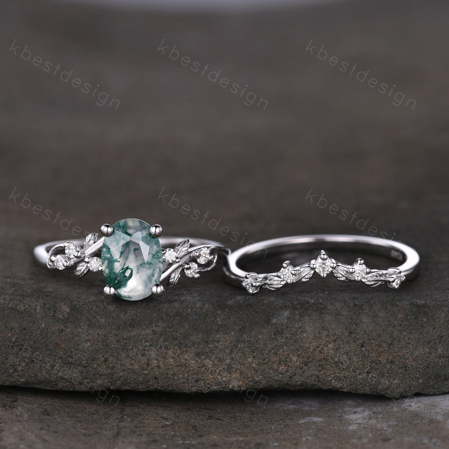 Vintage oval moss agate engagement ring set silver ring twig leaf moissanite ring nature branch ring unique art deco bridal wedding ring set