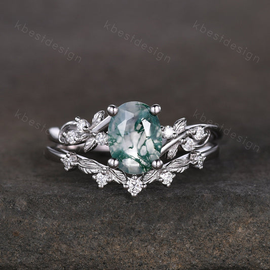 Vintage oval moss agate engagement ring set silver ring twig leaf moissanite ring nature branch ring unique art deco bridal wedding ring set