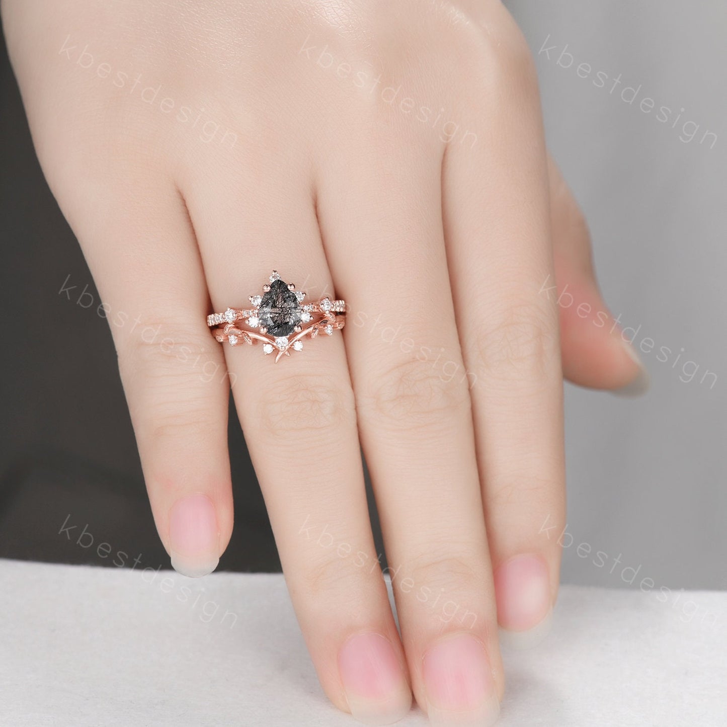 Pear cut black rutilated quartz engagement ring rose gold ring art deco twig leaf stacking band branch ring unique moissanite wedding set