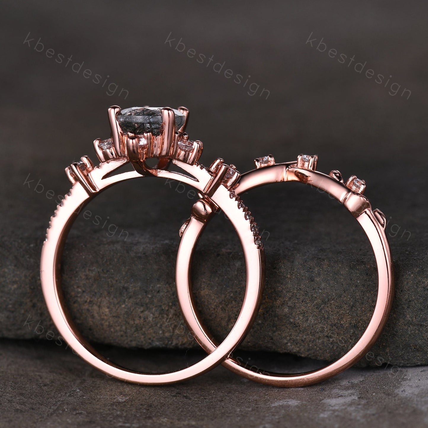 Pear cut black rutilated quartz engagement ring rose gold ring art deco twig leaf stacking band branch ring unique moissanite wedding set