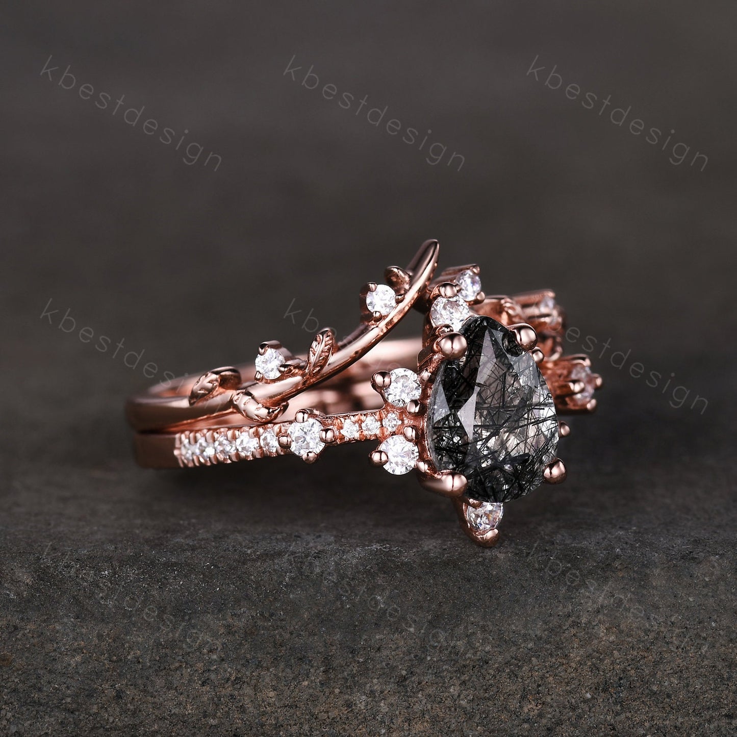 Pear cut black rutilated quartz engagement ring rose gold ring art deco twig leaf stacking band branch ring unique moissanite wedding set
