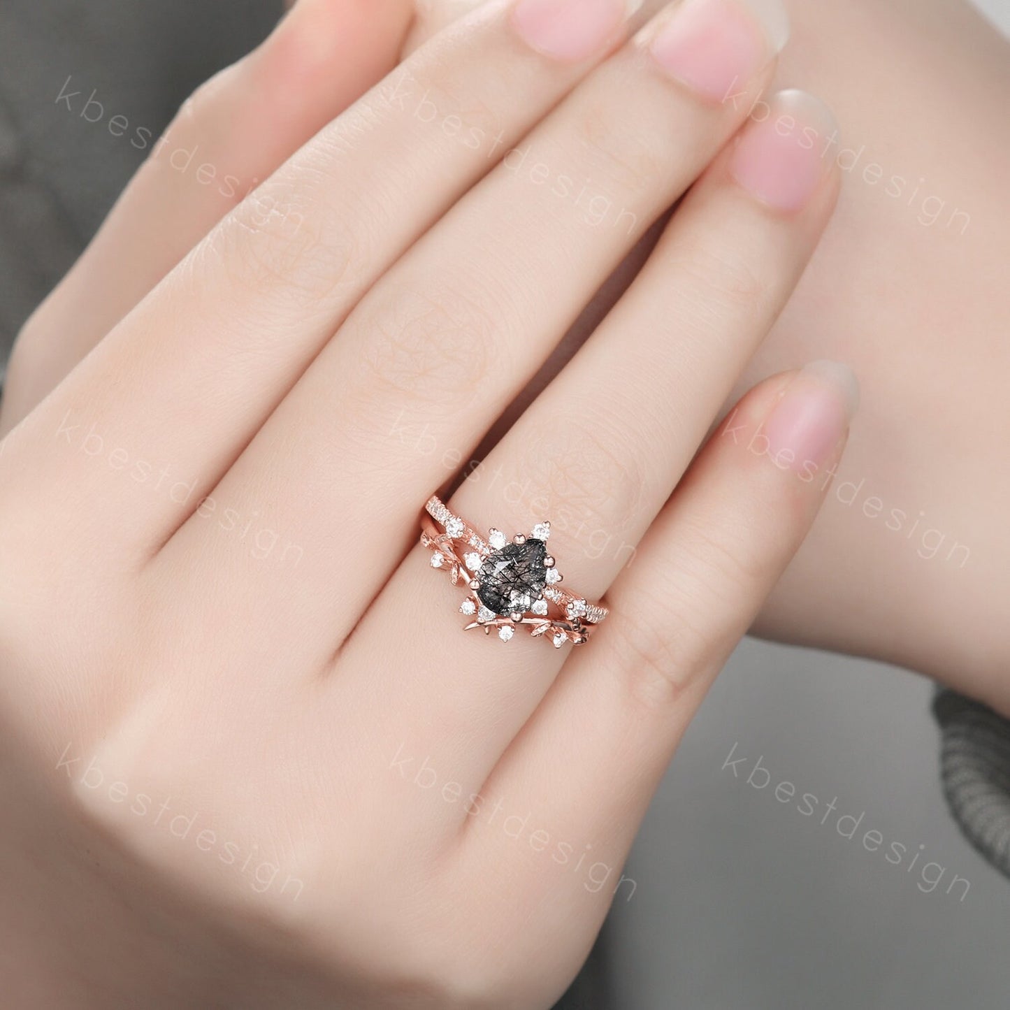 Pear cut black rutilated quartz engagement ring rose gold ring art deco twig leaf stacking band branch ring unique moissanite wedding set