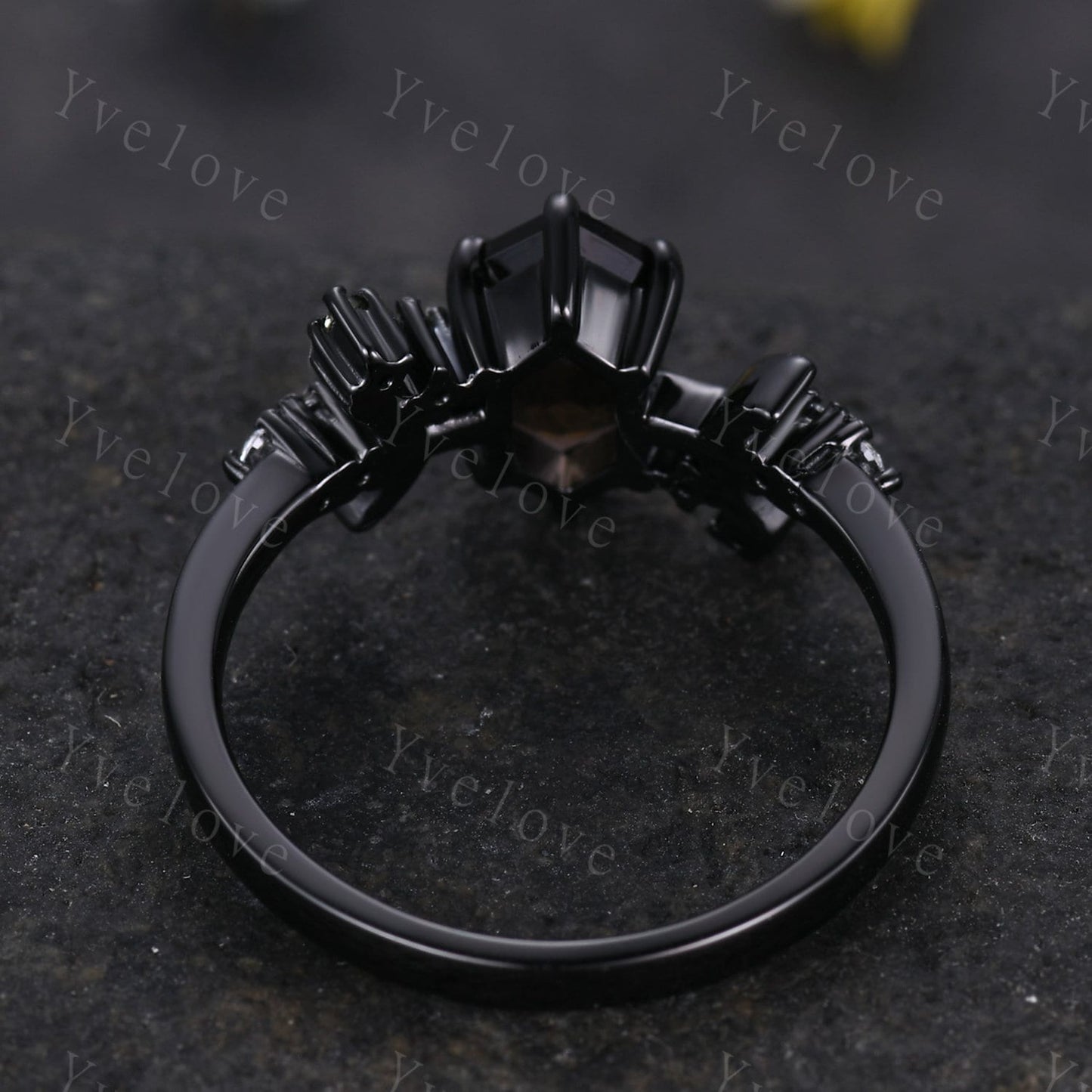 Retro Hexagon Shaped Smoky Quartz Engagement Ring Black Gold Peridot Diamond Ring Moon Star Celestial Ring Unique Asymmetrical Promise Ring