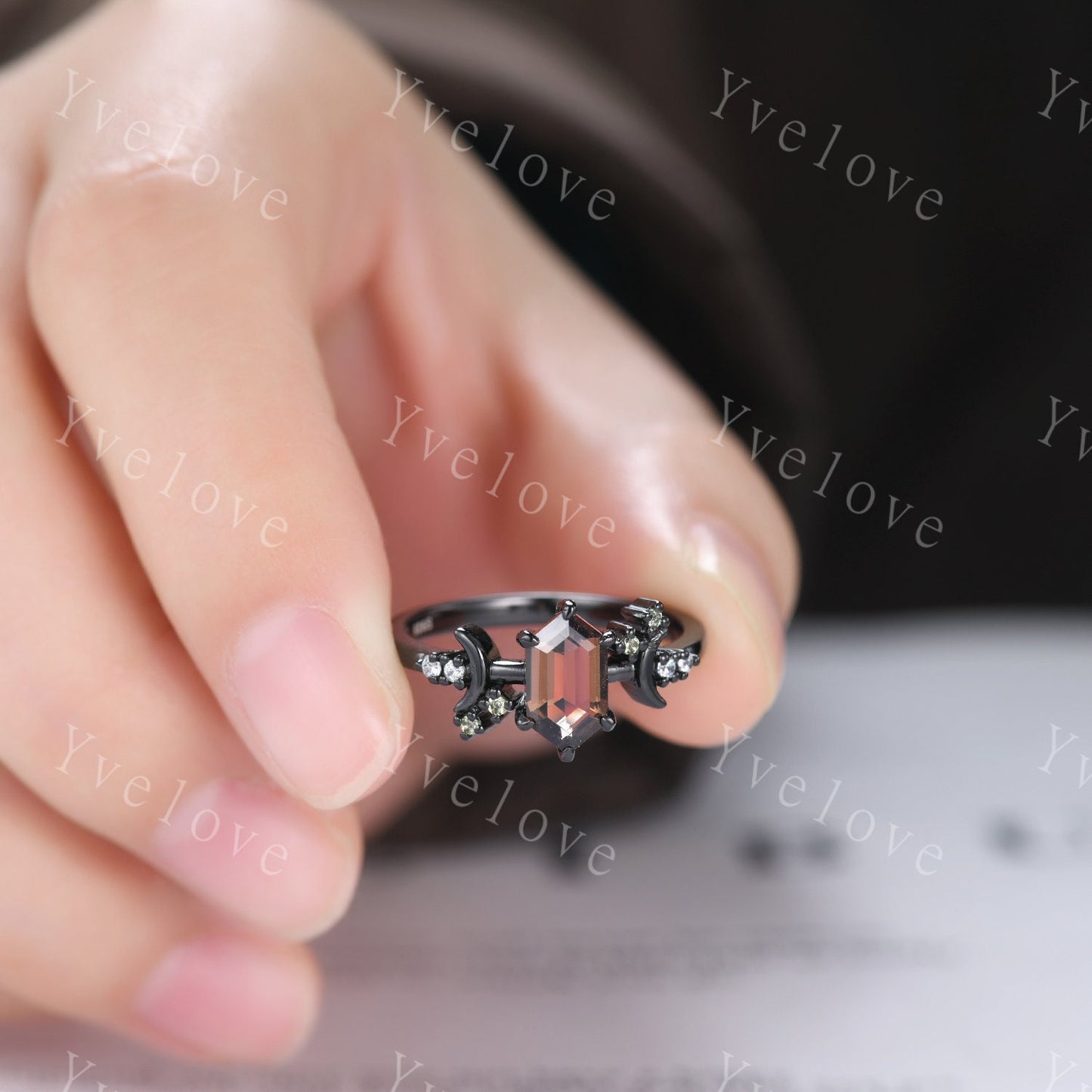 Retro Hexagon Shaped Smoky Quartz Engagement Ring Black Gold Peridot Diamond Ring Moon Star Celestial Ring Unique Asymmetrical Promise Ring