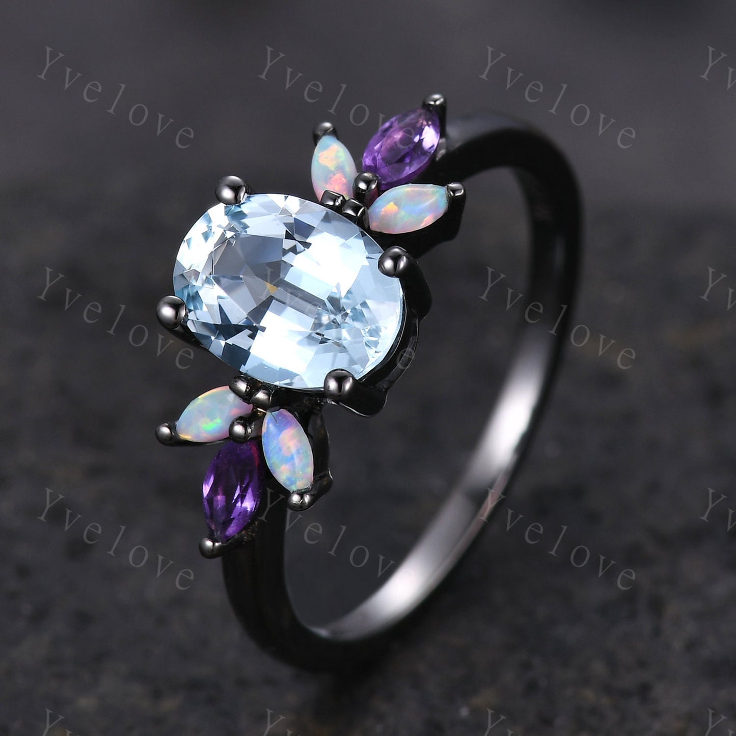 Vintage Blue Aquamarine Engagement Ring Black Gold Oval Cut Gem Bridal Ring Art deco Amethyst Opal stacking band women promise birthday gift