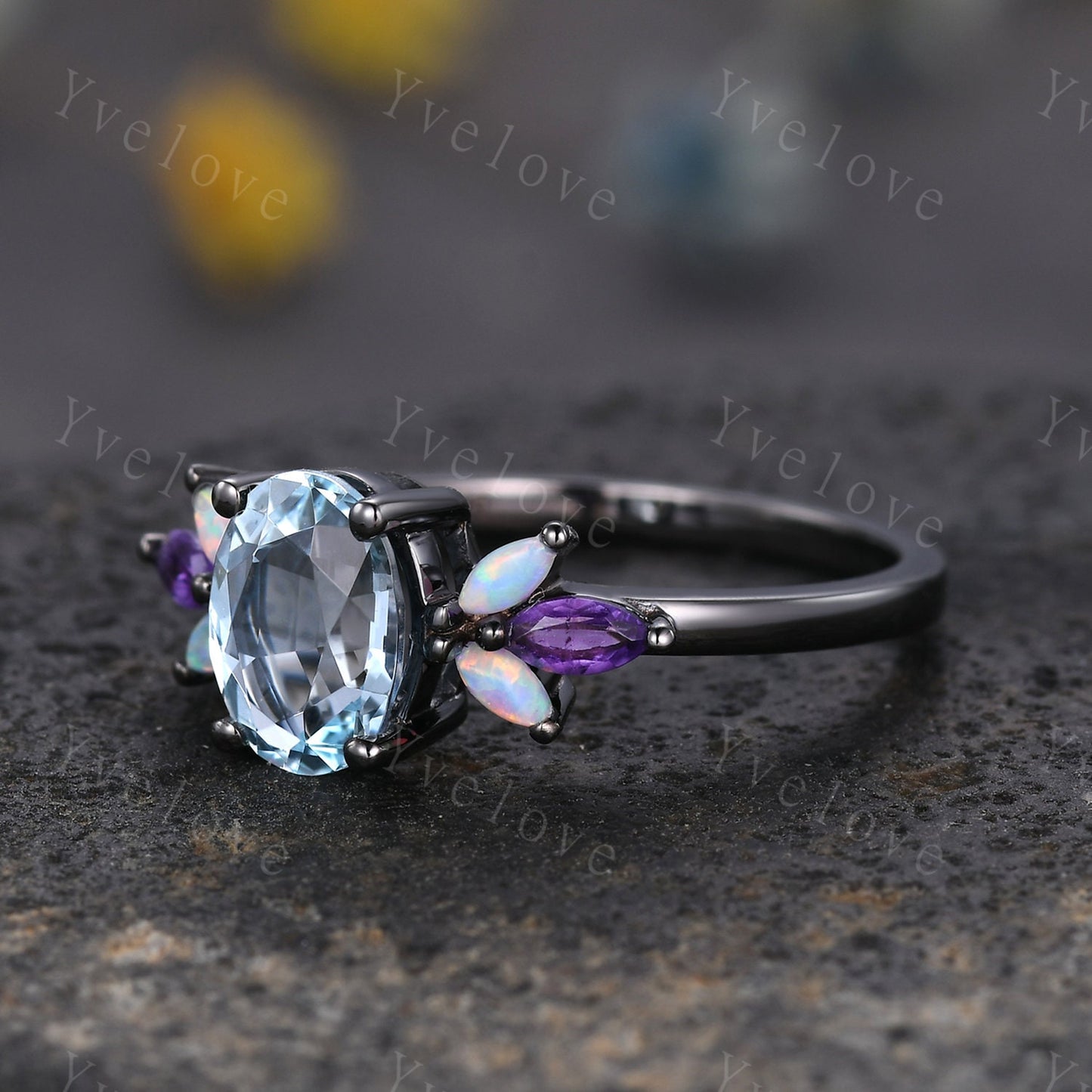 Vintage Blue Aquamarine Engagement Ring Black Gold Oval Cut Gem Bridal Ring Art deco Amethyst Opal stacking band women promise birthday gift