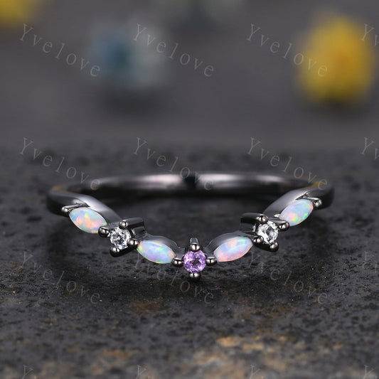 Antique Amethyst Opal wedding band marquise Opal Ring,Women Matching Band,Art Deco Curved Moissanite Wedding Band,Black Gold Ring,Customized