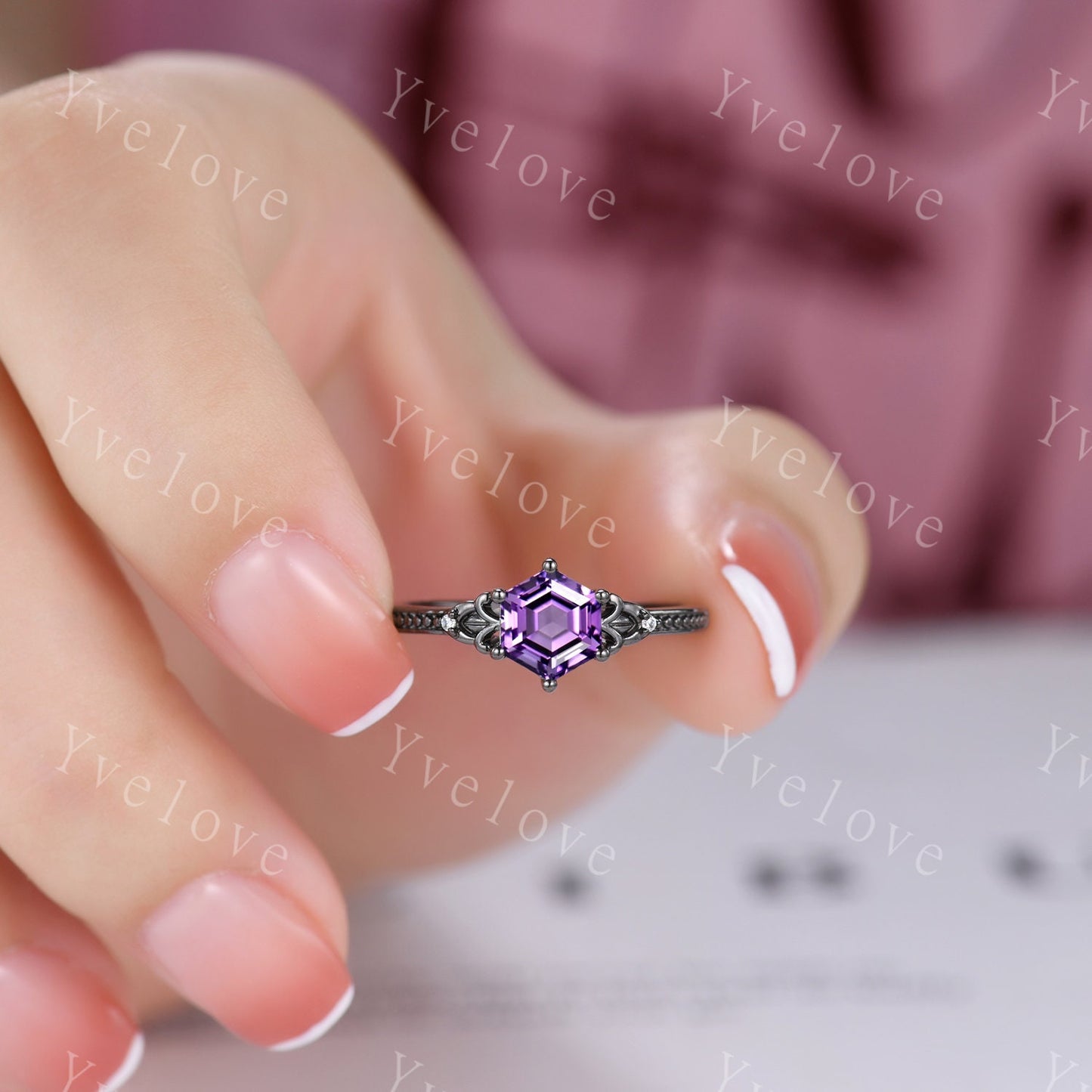 Vintage Hexagon Cut Amethyst Engagement Ring Set Silver Black Unique Bridal Set,Diamond Ring Dark Promise Wedding Set,Celtic Enhancer Band