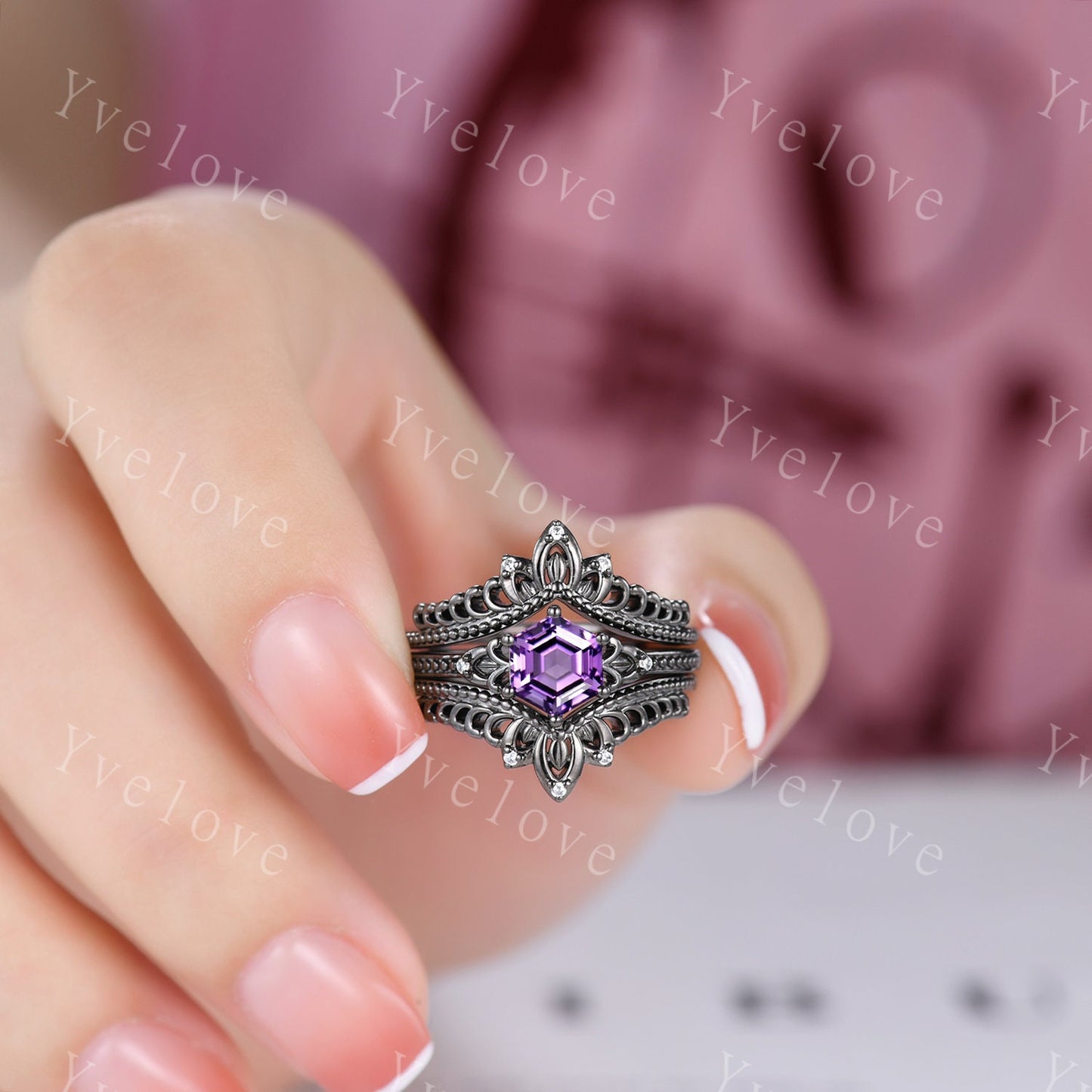 Vintage Hexagon Cut Amethyst Engagement Ring Set Silver Black Unique Bridal Set,Diamond Ring Dark Promise Wedding Set,Celtic Enhancer Band