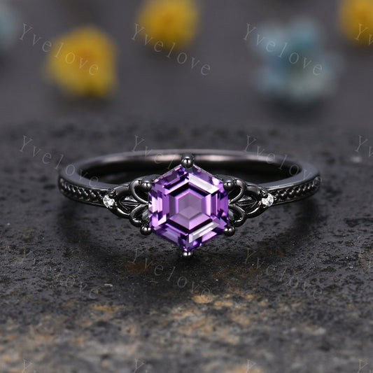 Hexagon Cut Amethyst Engagement Ring Vintage Black Gold Ring Unique black wedding band,Diamond Ring Anniversary Gift,Celtic Gothic Ring