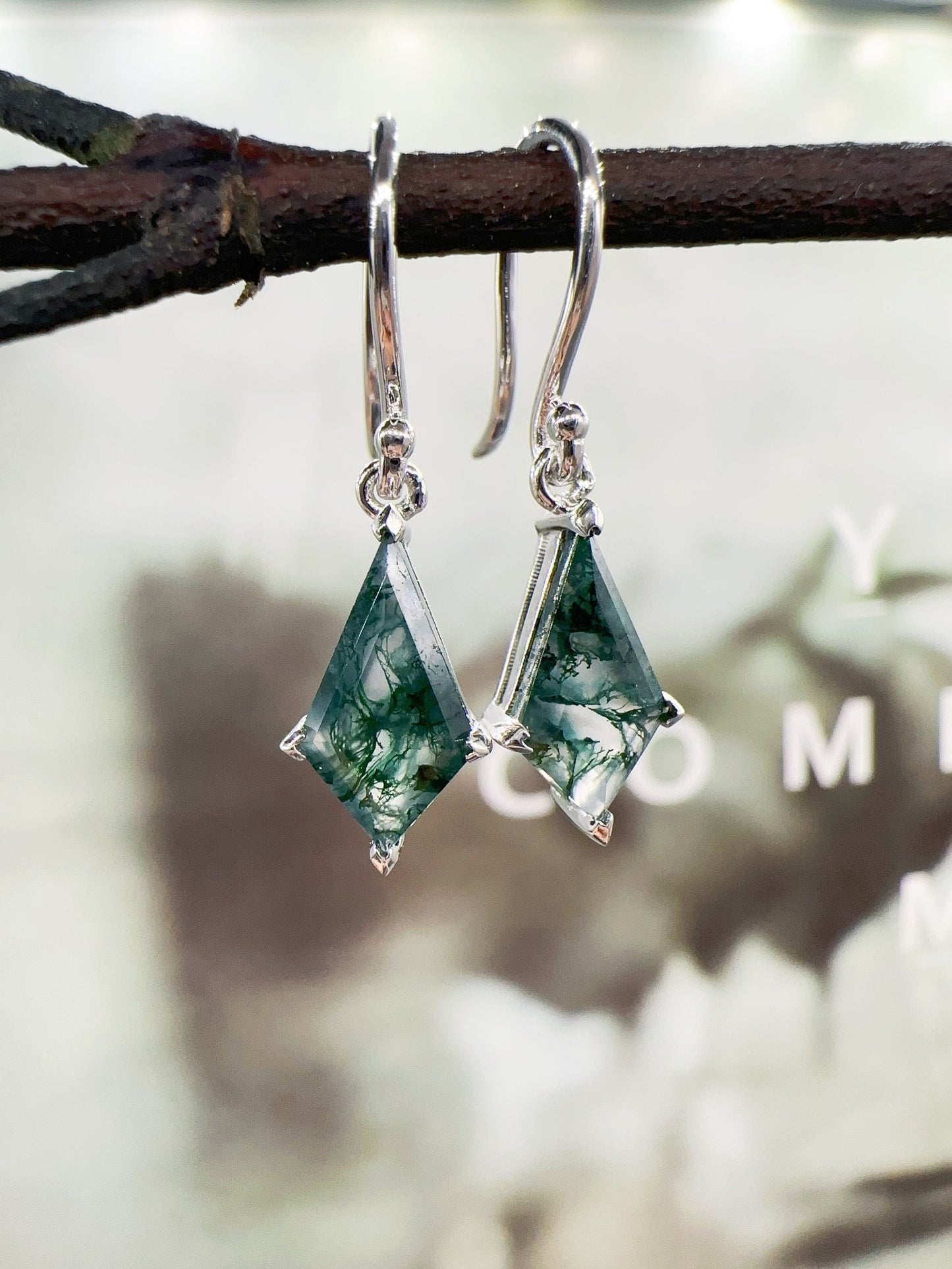 Vintage Kite cut Moss agate earrings natural gemstone jewelry unique earrings women art deco earring anniversary gift for her Birthday Gift