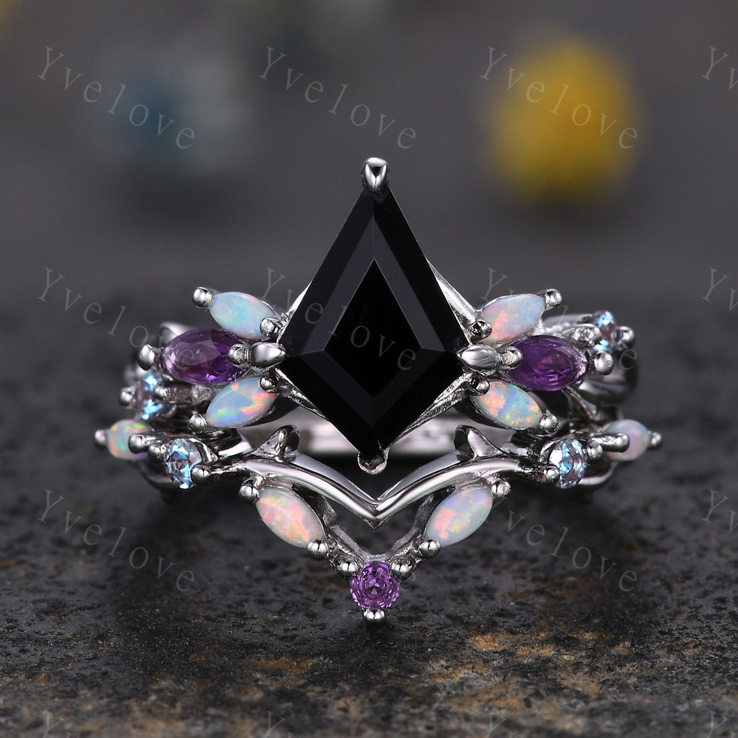 Vintage Kite Black Onyx Engagement Ring Set,Silver Band,Vines Amethyst Opal Ring,Women Bridal Set,Unique Twig Anniversary Promise Ring Gift