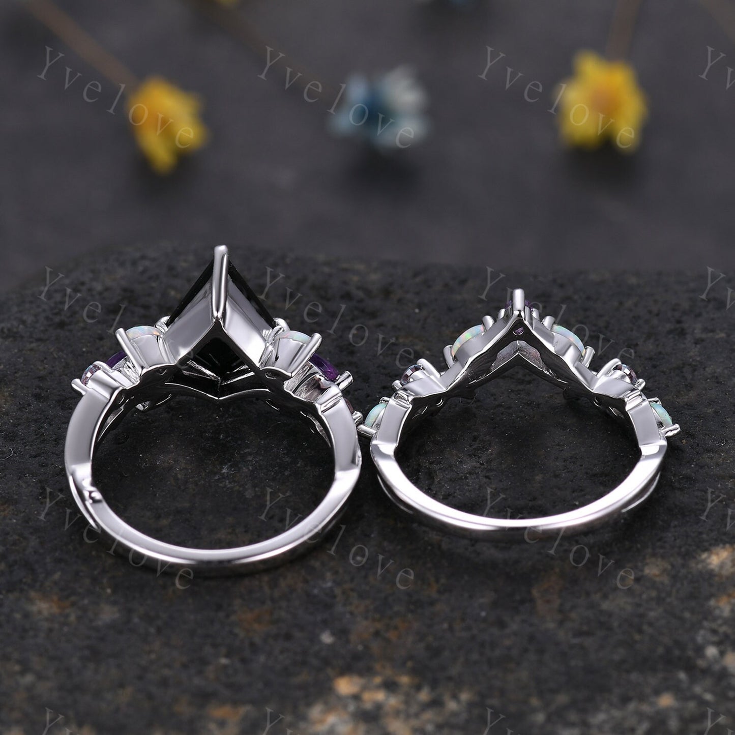 Vintage Kite Black Onyx Engagement Ring Set,Silver Band,Vines Amethyst Opal Ring,Women Bridal Set,Unique Twig Anniversary Promise Ring Gift