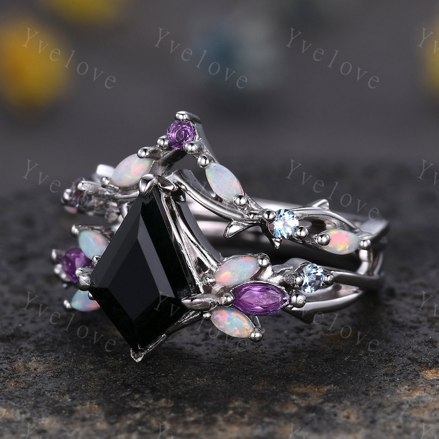 Vintage Kite Black Onyx Engagement Ring Set,Silver Band,Vines Amethyst Opal Ring,Women Bridal Set,Unique Twig Anniversary Promise Ring Gift