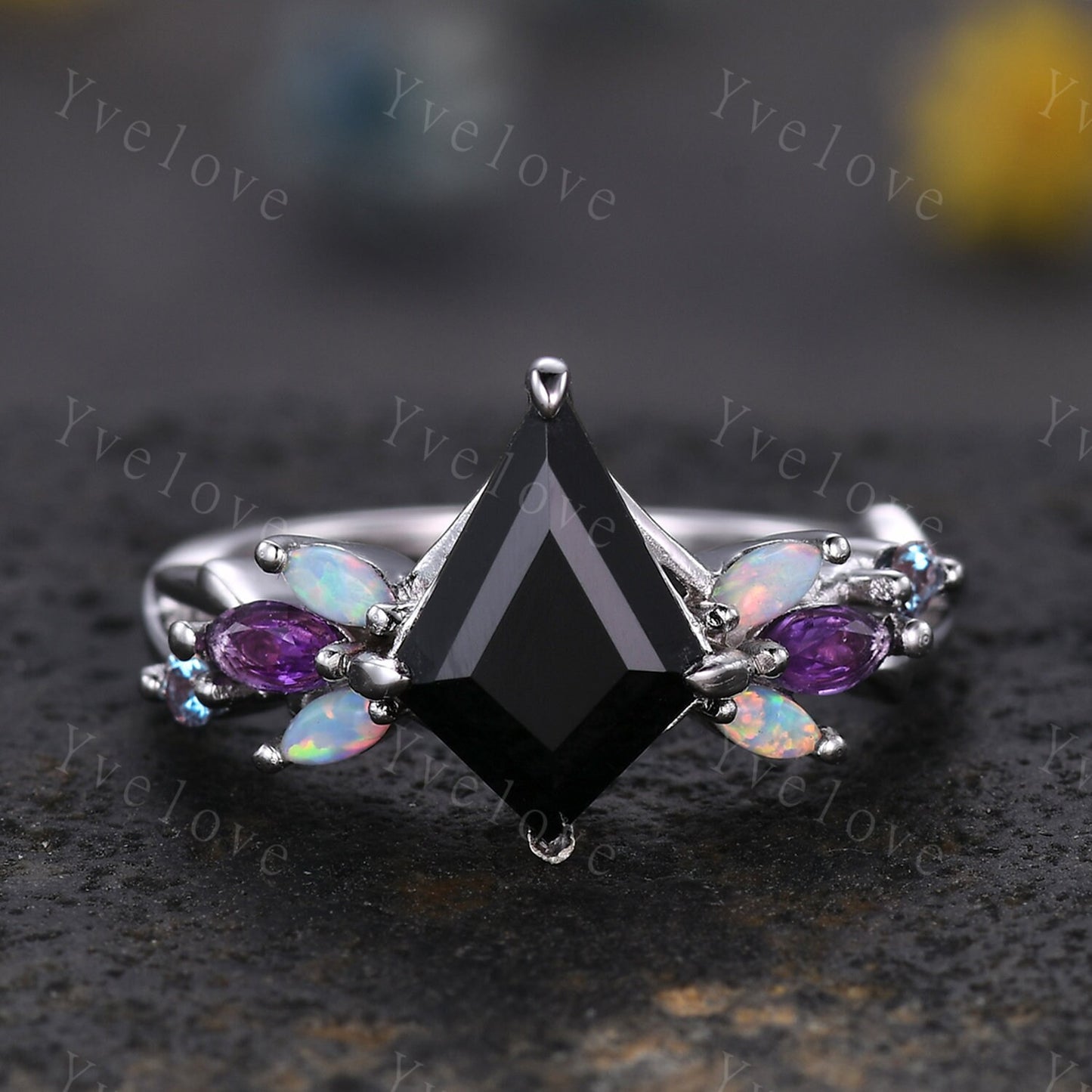 Vintage Kite Black Onyx Engagement Ring Set,Silver Band,Vines Amethyst Opal Ring,Women Bridal Set,Unique Twig Anniversary Promise Ring Gift