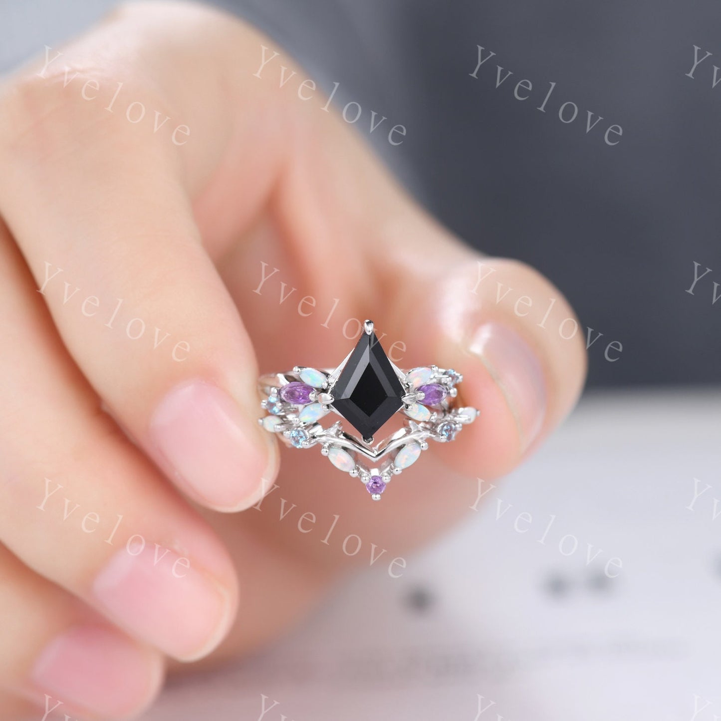 Vintage Kite Black Onyx Engagement Ring Set,Silver Band,Vines Amethyst Opal Ring,Women Bridal Set,Unique Twig Anniversary Promise Ring Gift