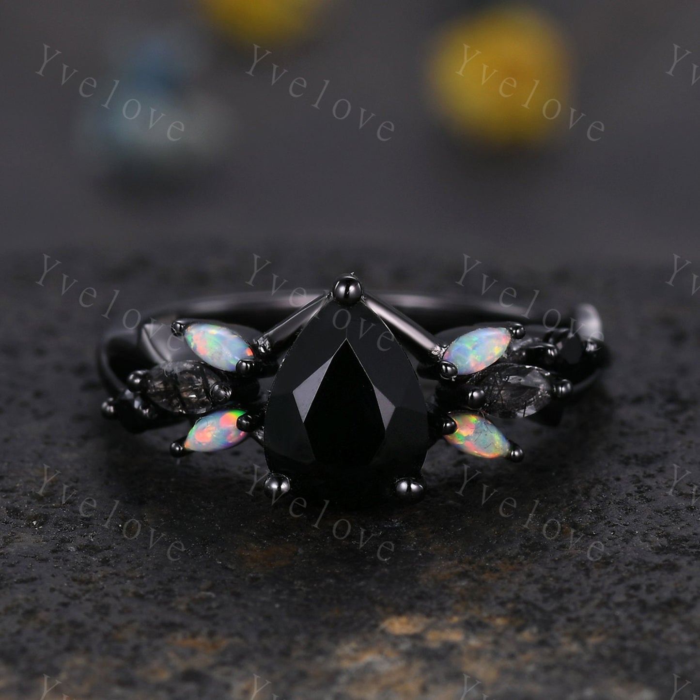 Vintage Pear Black Onyx Engagement Ring,Black Gold,Vines Black Quartz Opal Ring,Women Bridal Set,Unique Twig Anniversary Promise Ring Gift