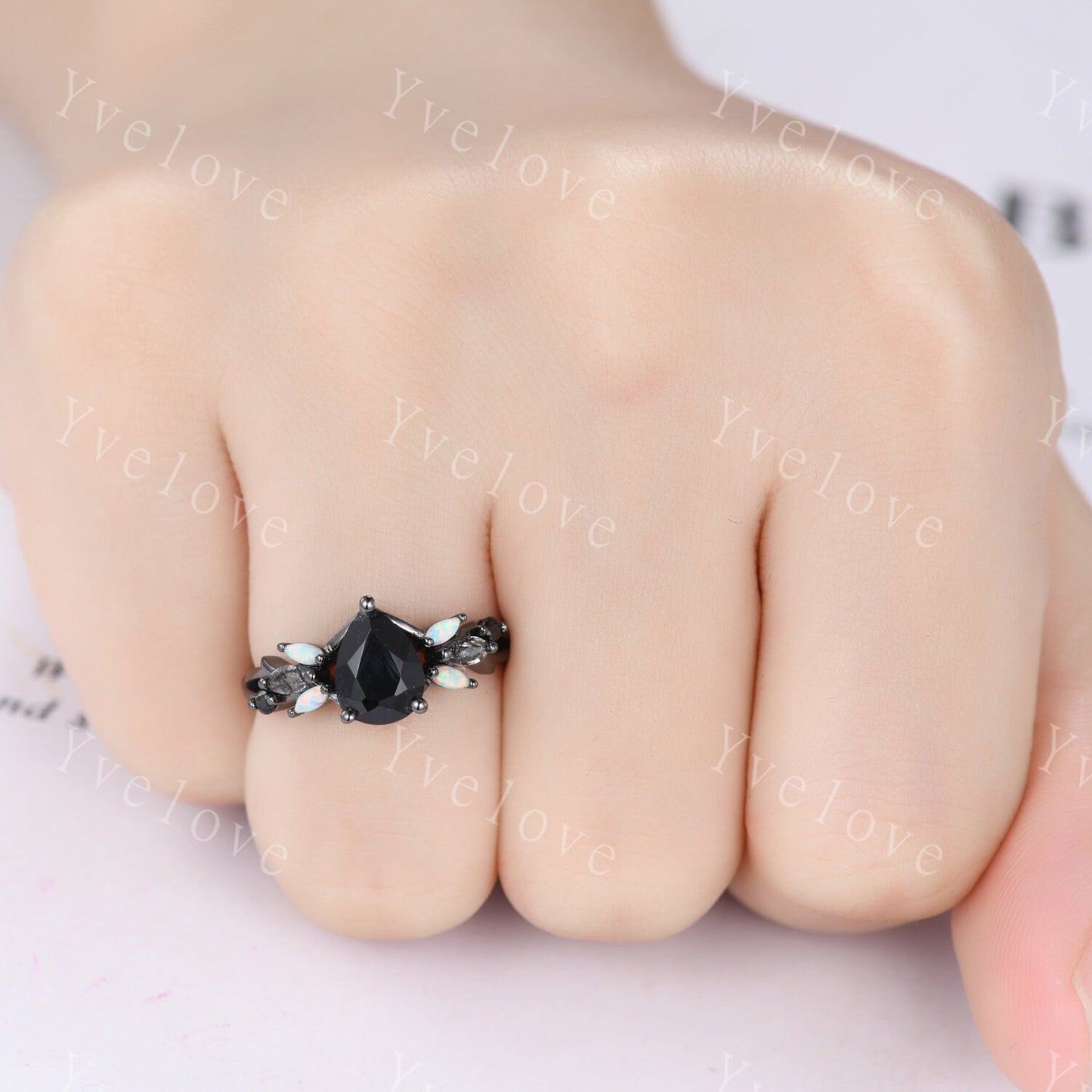Vintage Pear Black Onyx Engagement Ring,Black Gold,Vines Black Quartz Opal Ring,Women Bridal Set,Unique Twig Anniversary Promise Ring Gift