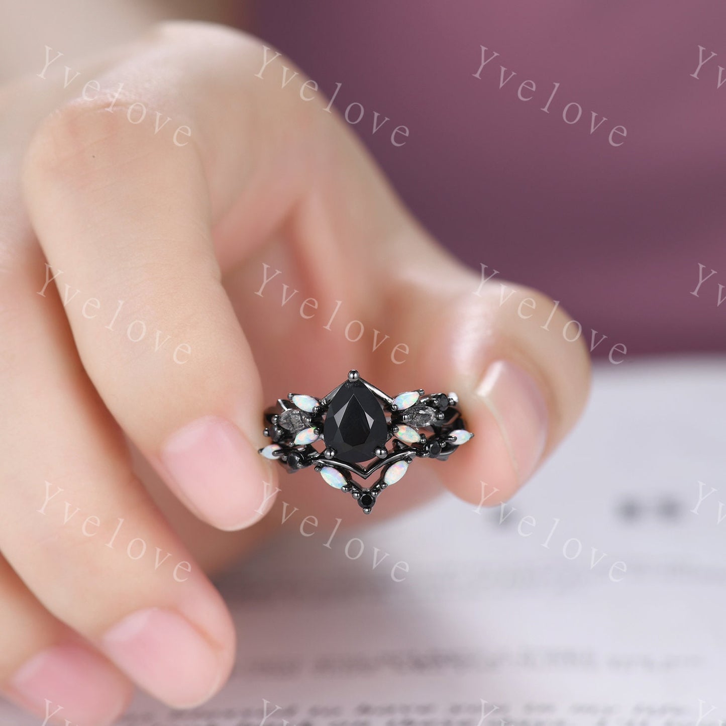 Vintage Pear Black Onyx Engagement Ring,Black Gold,Vines Black Quartz Opal Ring,Women Bridal Set,Unique Twig Anniversary Promise Ring Gift