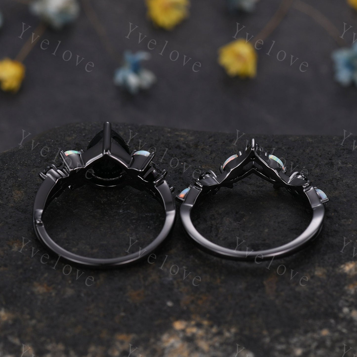 Vintage Pear Black Onyx Engagement Ring,Black Gold,Vines Black Quartz Opal Ring,Women Bridal Set,Unique Twig Anniversary Promise Ring Gift