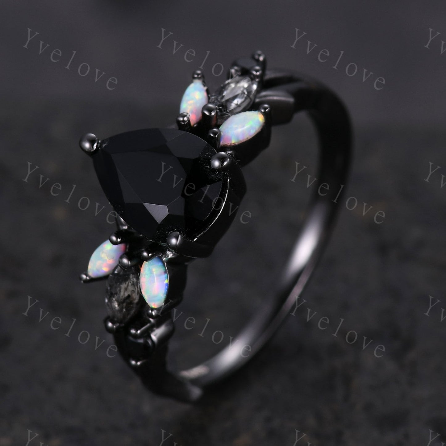 Vintage Pear Black Onyx Engagement Ring,Black Gold,Vines Black Quartz Opal Ring,Women Bridal Set,Unique Twig Anniversary Promise Ring Gift
