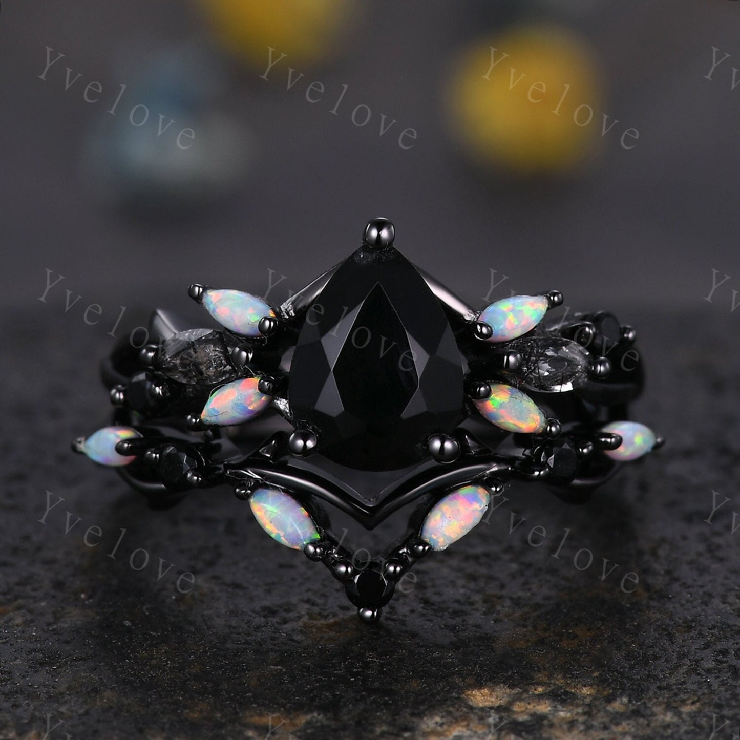 Vintage Pear Black Onyx Engagement Ring,Black Gold,Vines Black Quartz Opal Ring,Women Bridal Set,Unique Twig Anniversary Promise Ring Gift