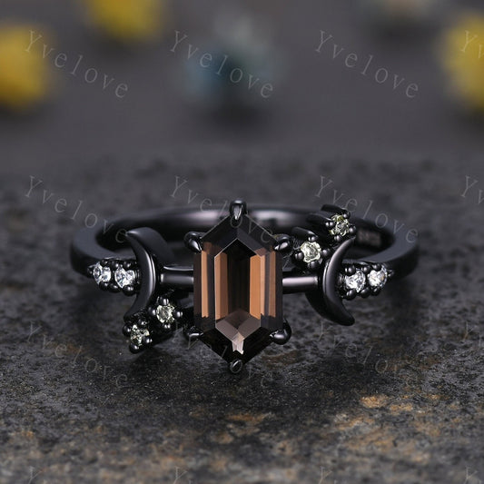 Retro Hexagon Shaped Smoky Quartz Engagement Ring Black Gold Peridot Diamond Ring Moon Star Celestial Ring Unique Asymmetrical Promise Ring