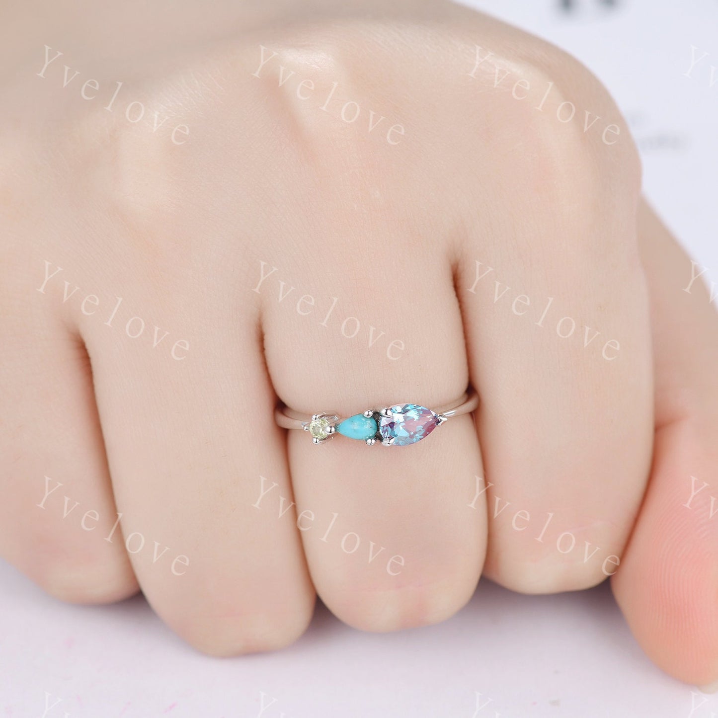 Vintage Alexandrite Turquoise Engagement Ring,Pear Cut Gems,Art Deco Peridot Wedding Band,3 Stone Unique Women Bridal Promise Ring,Custom