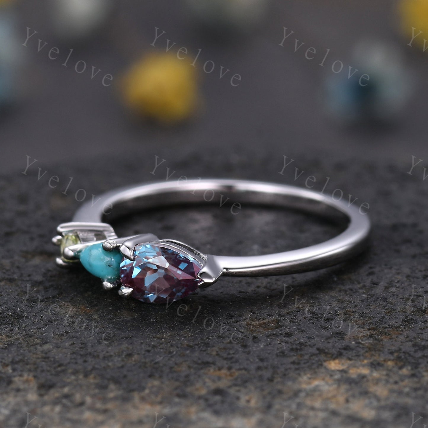 Vintage Alexandrite Turquoise Engagement Ring,Pear Cut Gems,Art Deco Peridot Wedding Band,3 Stone Unique Women Bridal Promise Ring,Custom