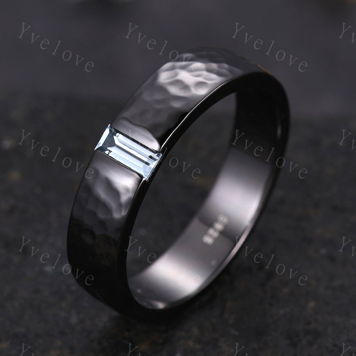 Mens Baguette Aquamarine Band Blue Aquamarine Wedding Band 5mm Black Gold Ring Mens Hammered Stacking Matching Band Retro Vintage Ring Gift