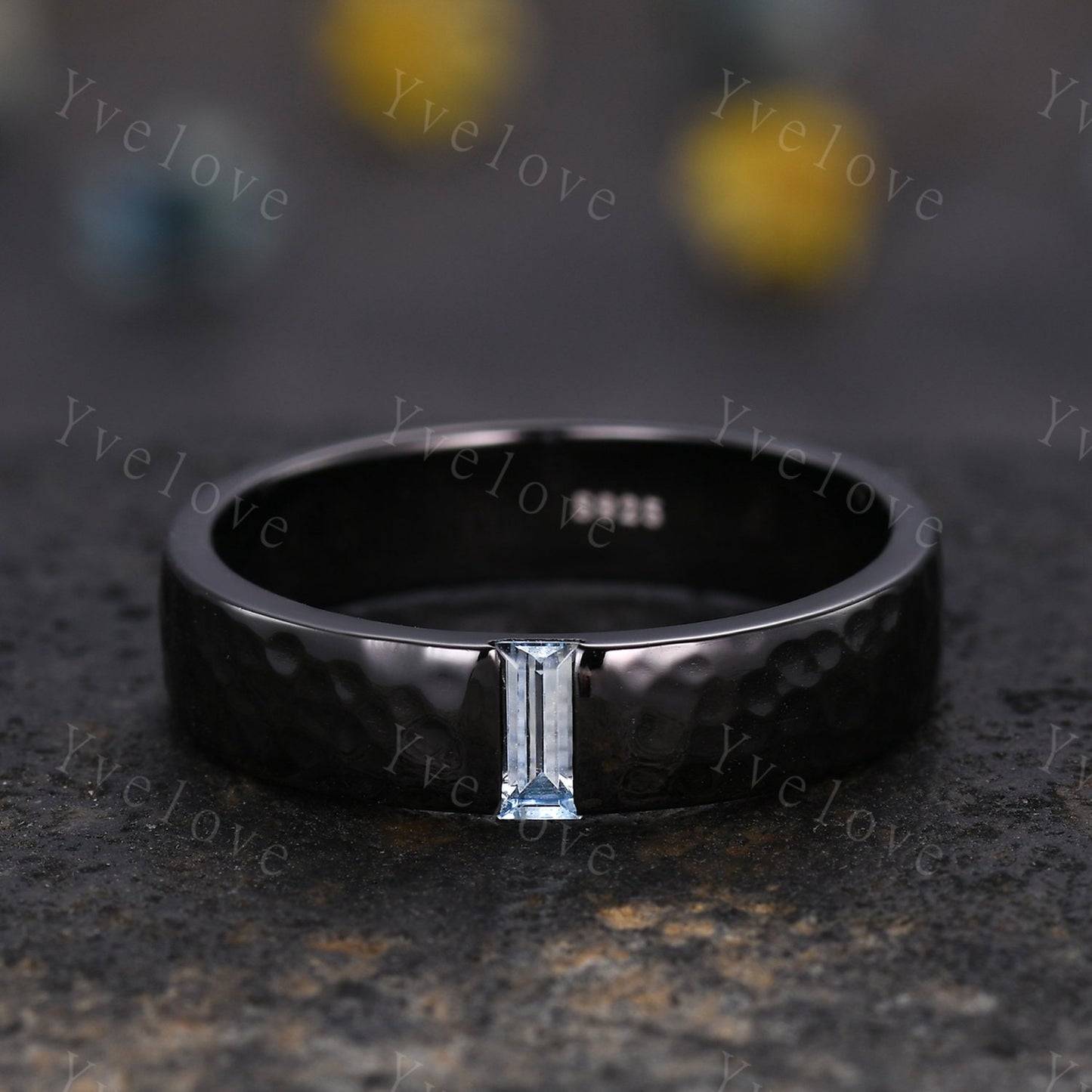 Mens Baguette Aquamarine Band Blue Aquamarine Wedding Band 5mm Solid Gold Ring Mens Hammered Stacking Matching Band Retro Vintage Ring Gift