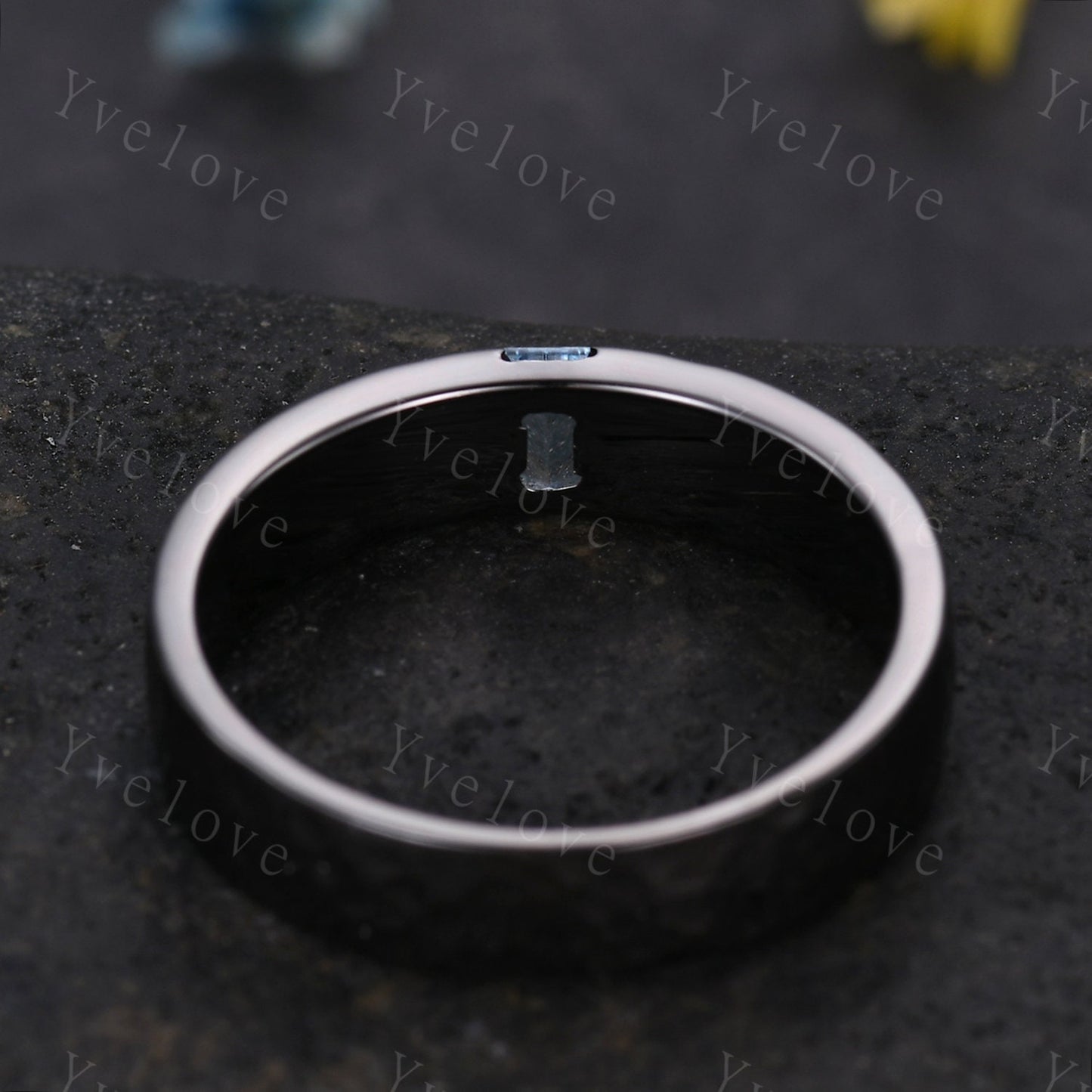Mens Baguette Aquamarine Band Blue Aquamarine Wedding Band 5mm Black Gold Ring Mens Hammered Stacking Matching Band Retro Vintage Ring Gift