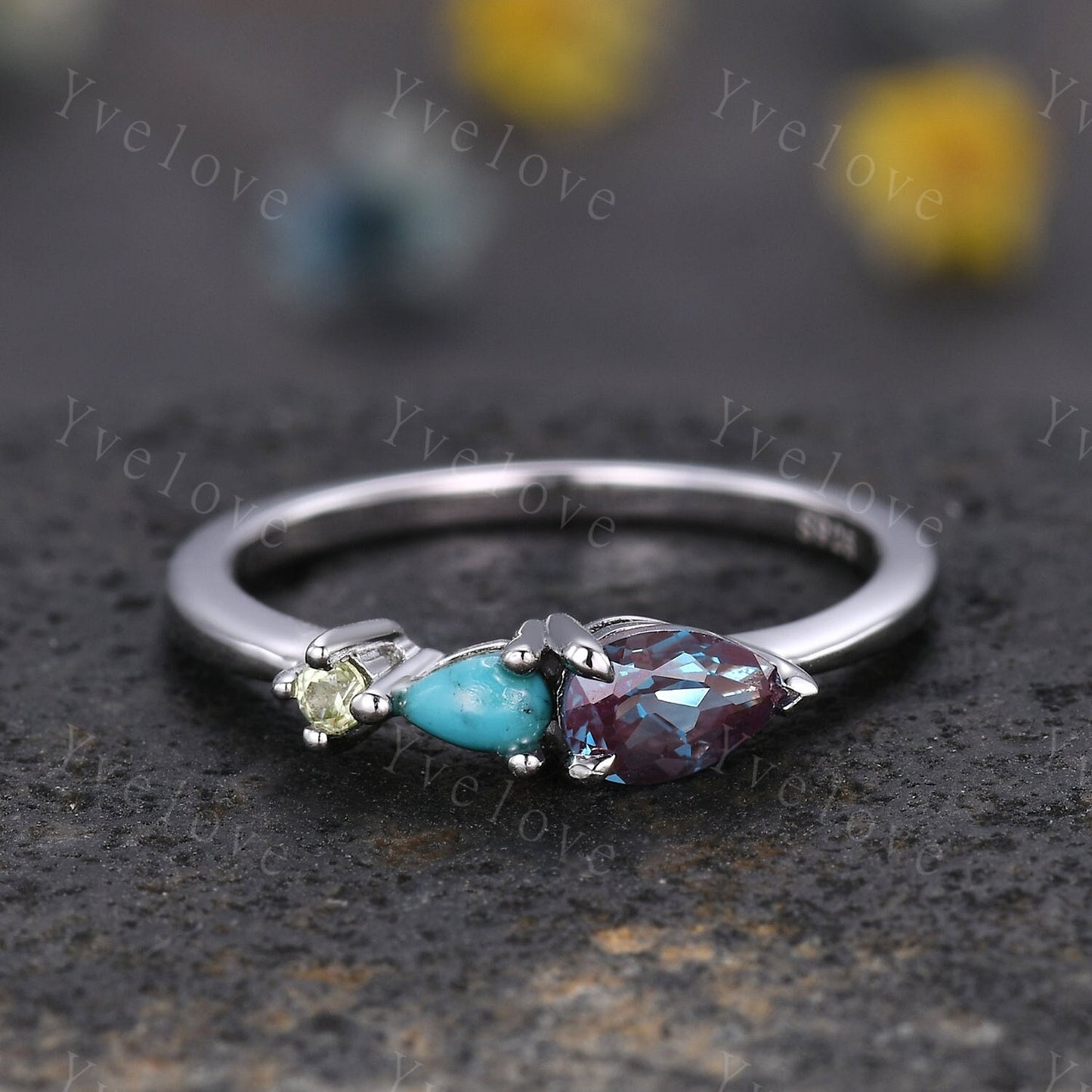 Vintage Alexandrite Turquoise Engagement Ring,Pear Cut Gems,Art Deco Peridot Wedding Band,3 Stone Unique Women Bridal Promise Ring,Custom