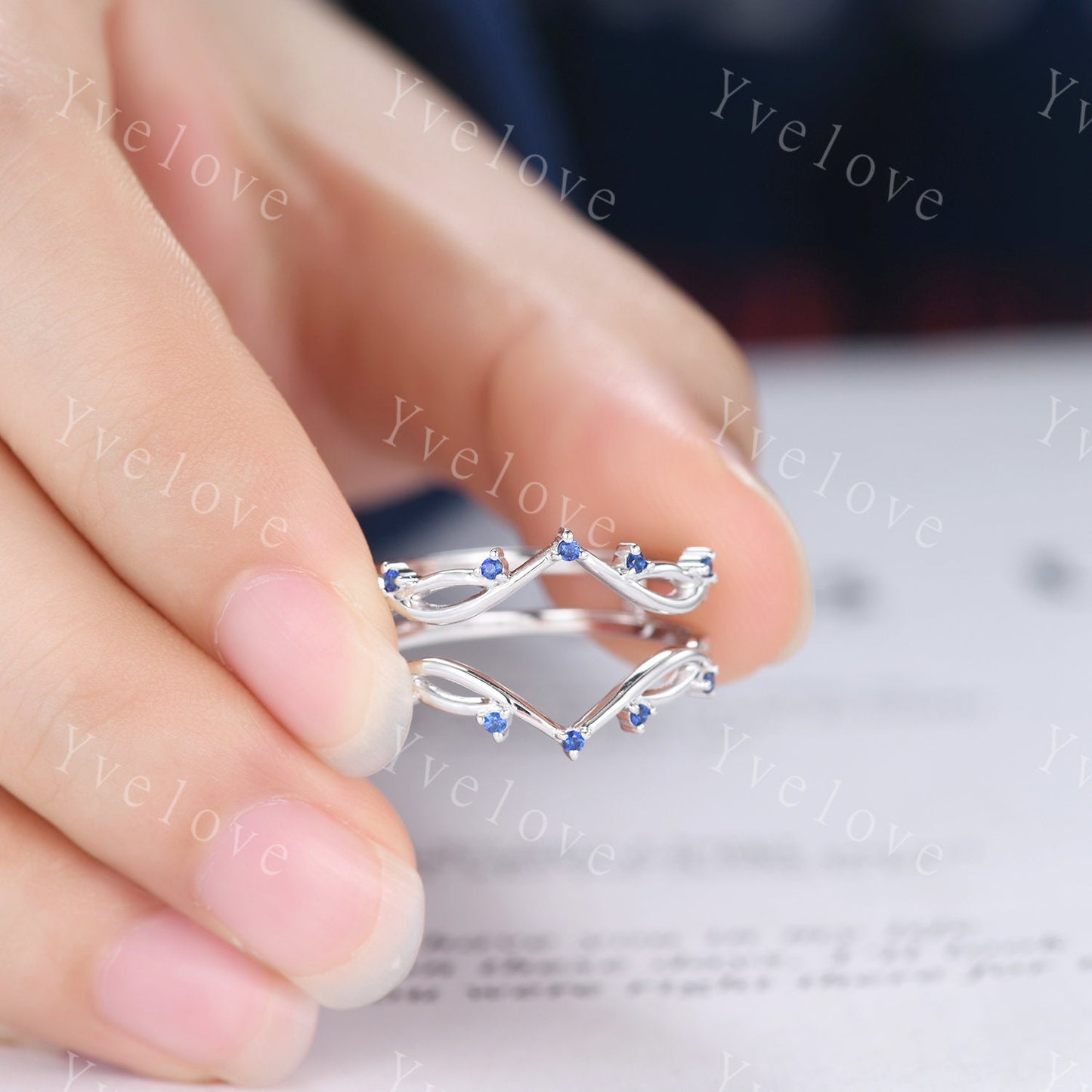 Vintage Blue Sapphire Engagement Ring,Twig Enhancer Stacking Band,Women Vine Band,Art Deco Curved Branch Wedding Band,Platinum Silver Ring