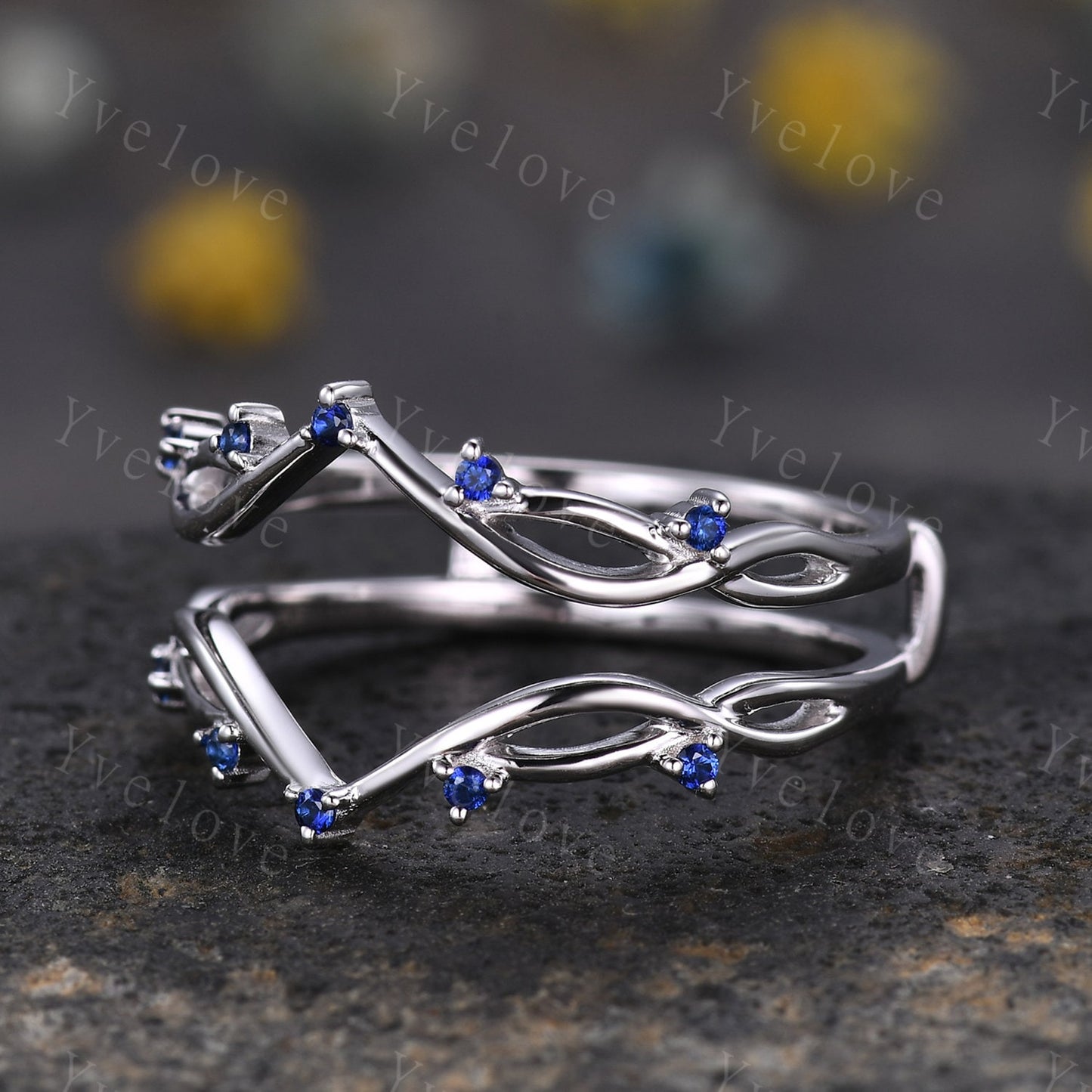 Vintage Blue Sapphire Engagement Ring,Twig Enhancer Stacking Band,Women Vine Band,Art Deco Curved Branch Wedding Band,Platinum Silver Ring