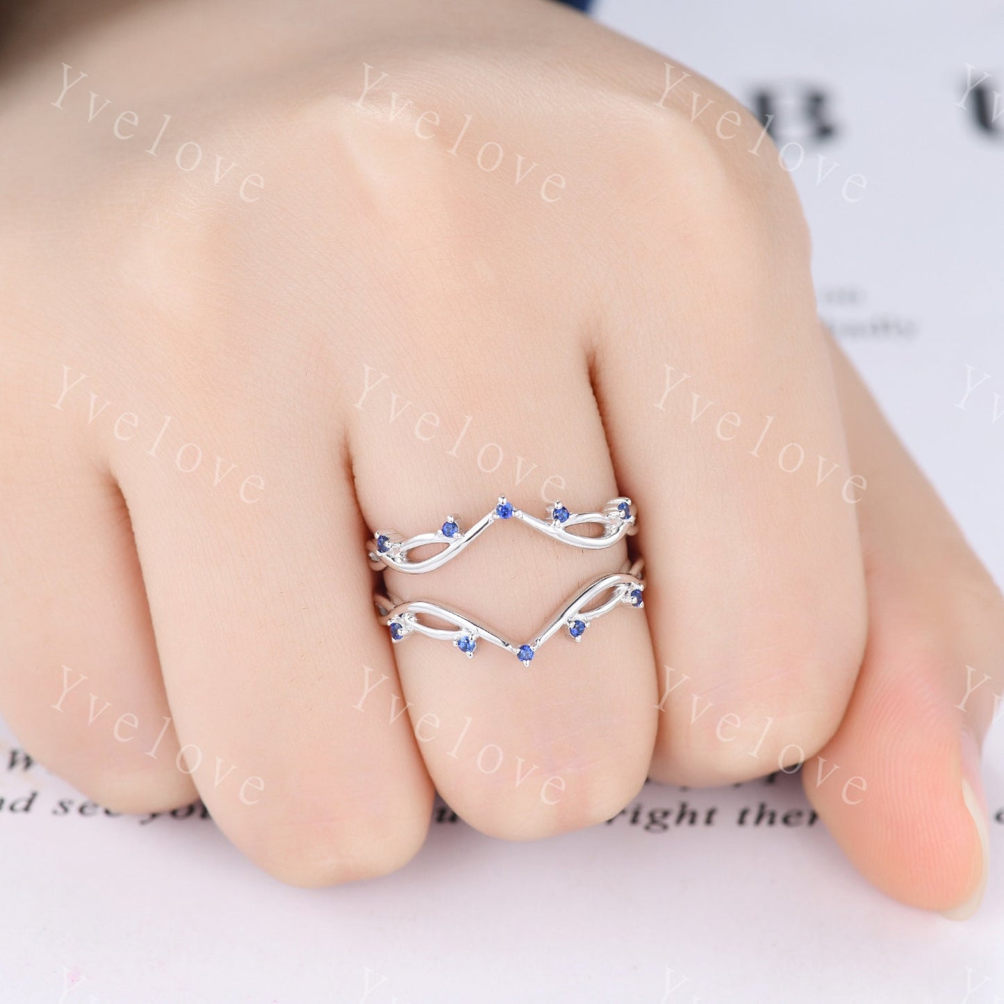 Vintage Blue Sapphire Engagement Ring,Twig Enhancer Stacking Band,Women Vine Band,Art Deco Curved Branch Wedding Band,Platinum Silver Ring