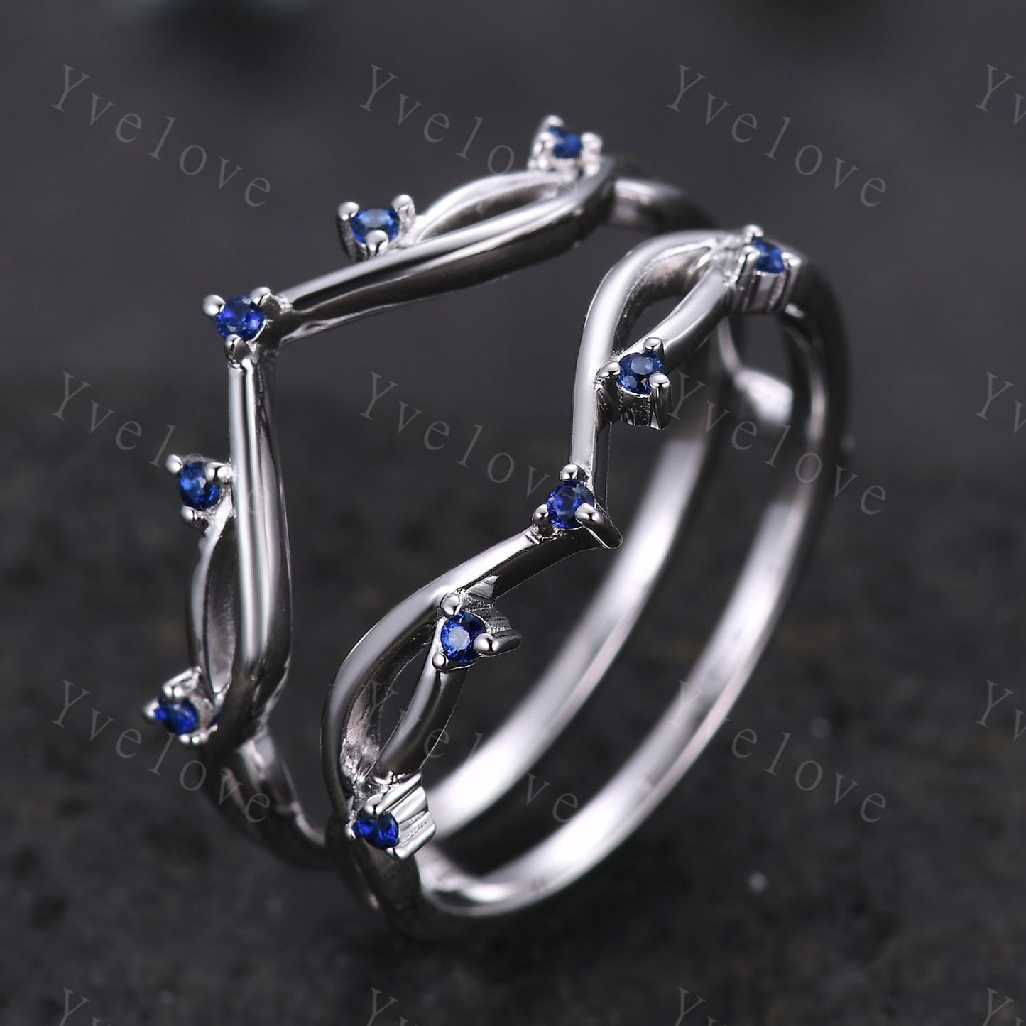 Vintage Blue Sapphire Engagement Ring,Twig Enhancer Stacking Band,Women Vine Band,Art Deco Curved Branch Wedding Band,Platinum Silver Ring