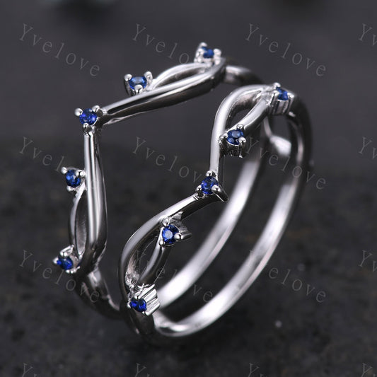 Vintage Blue Sapphire Engagement Ring,Twig Enhancer Stacking Band,Women Vine Band,Art Deco Curved Branch Wedding Band,Platinum Silver Ring