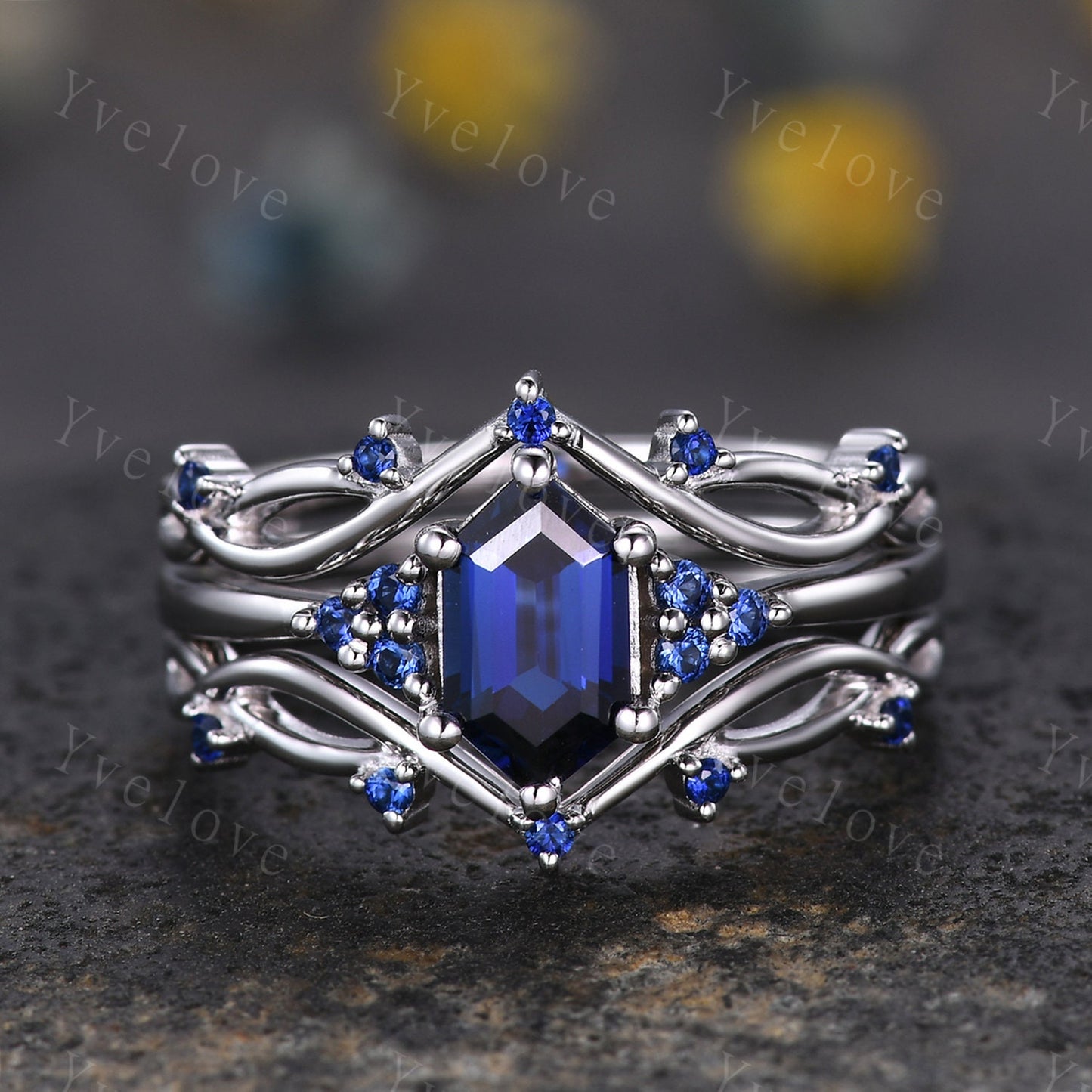 Vintage Blue Sapphire Engagement Ring,Twig Enhancer Stacking Band,Women Vine Band,Art Deco Curved Branch Wedding Band,Platinum Silver Ring