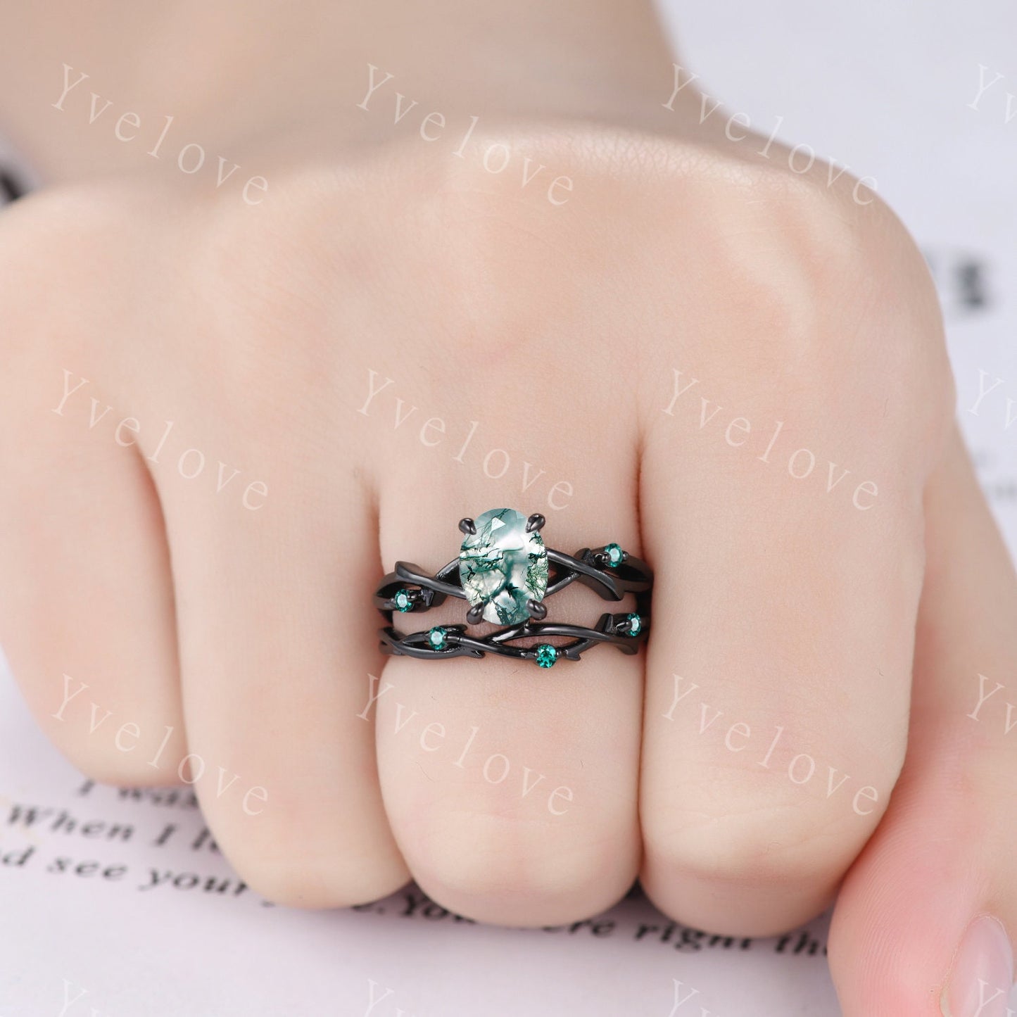 Unique Twig Oval Moss Agate Engagement Ring Set,Vintage Leaf Emerald Ring,Black Gold Branch Ring,Art Deco Promise Bridal Wedding Ring Set