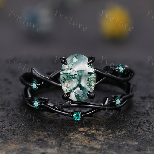 Unique Twig Oval Moss Agate Engagement Ring Set,Vintage Leaf Emerald Ring,Black Gold Branch Ring,Art Deco Promise Bridal Wedding Ring Set