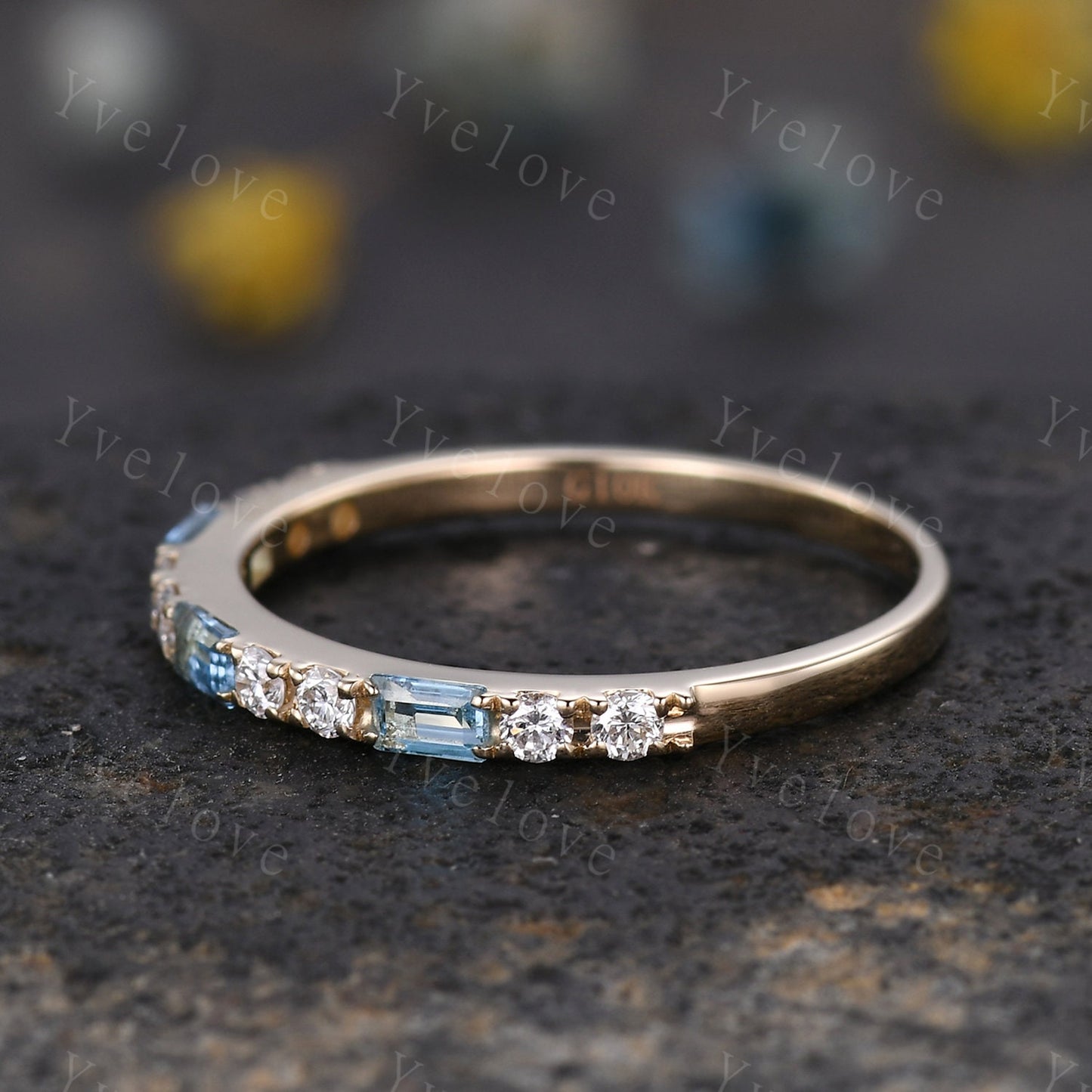 Baguette Cut Blue Topaz and Diamond Wedding Ring  Half Eternity Band Stacking Match Ring 14K Solid Gold Anniversary Gift For Her Customized