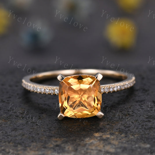 Citrine ring citrine jewelry 14k yellow gold engagement ring natural gemstone diamond band stacking ring anniversary ring custom jewelry