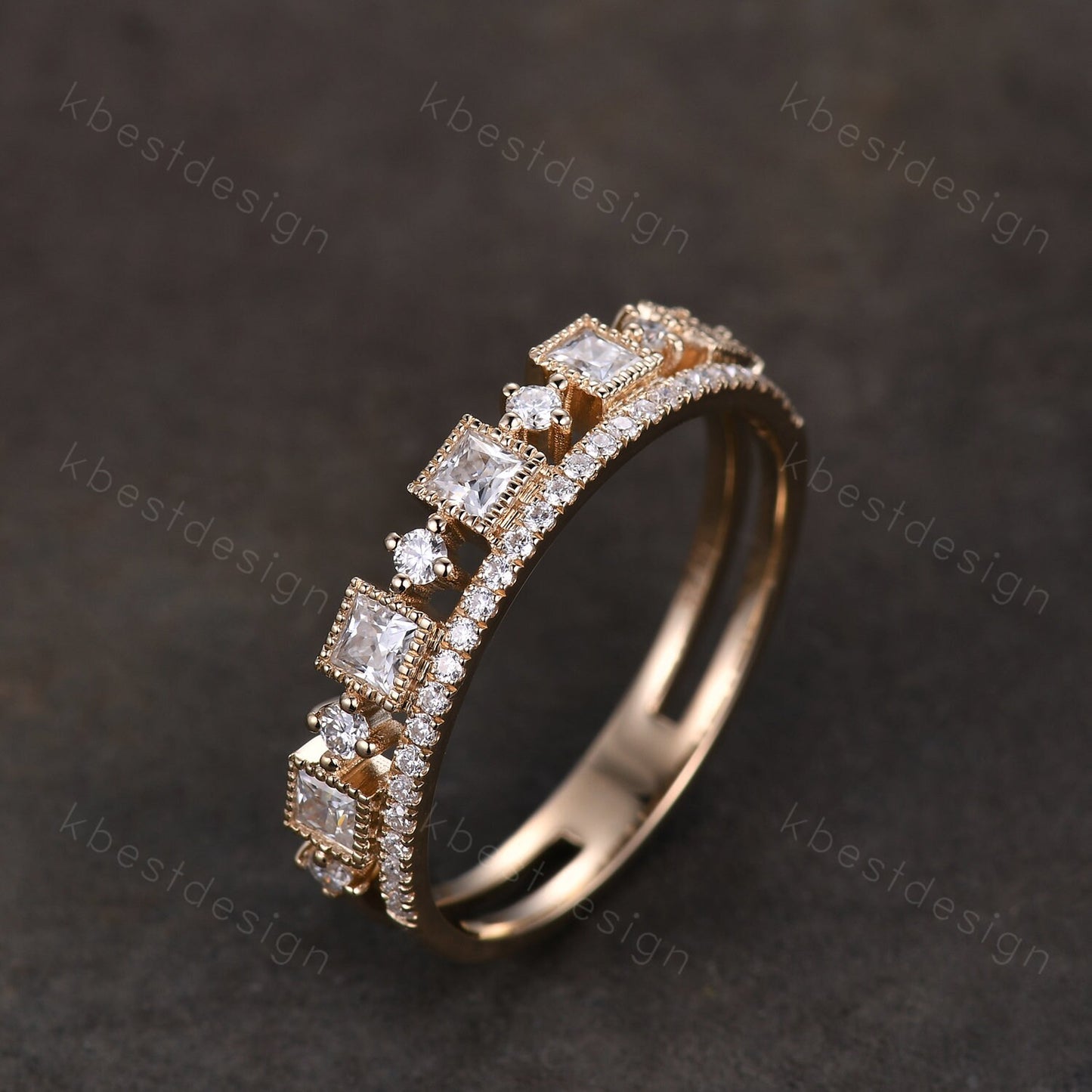 2mm princess cut Moissanite wedding band yellow gold milgrain bezel set wedding band art deco stacking matching band unique anniversary gift