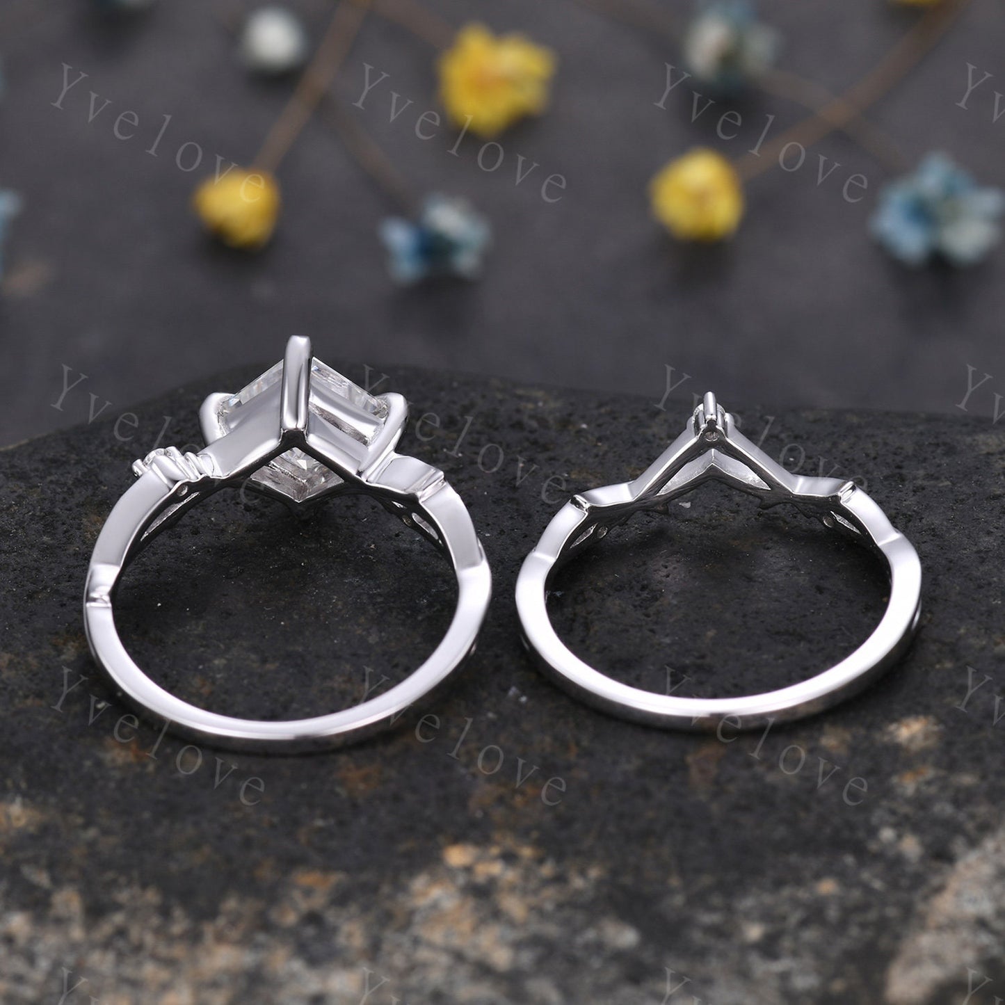Vintage Princess Cut Moissanite Engagement Ring Set,Twisted Ring,Leaf Vines Diamond Bridal Set,Branch Ring,Dainty Twig Ring Gift  Platinum