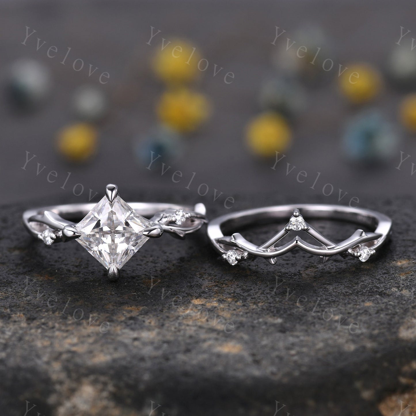 Vintage Princess Cut Moissanite Engagement Ring Set,Twisted Ring,Leaf Vines Diamond Bridal Set,Branch Ring,Dainty Twig Ring Gift  Platinum
