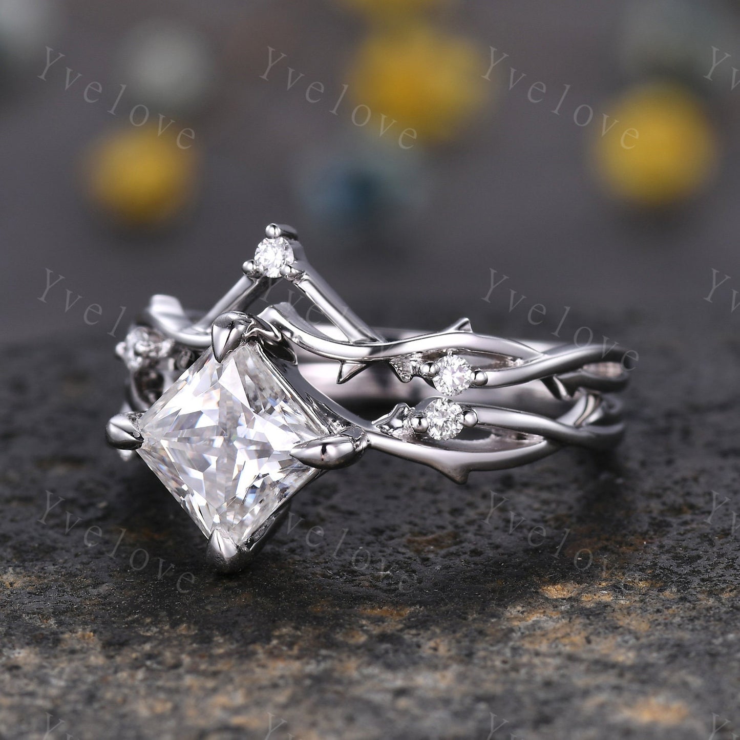 Vintage Princess Cut Moissanite Engagement Ring Set,Twisted Ring,Leaf Vines Diamond Bridal Set,Branch Ring,Dainty Twig Ring Gift  Platinum