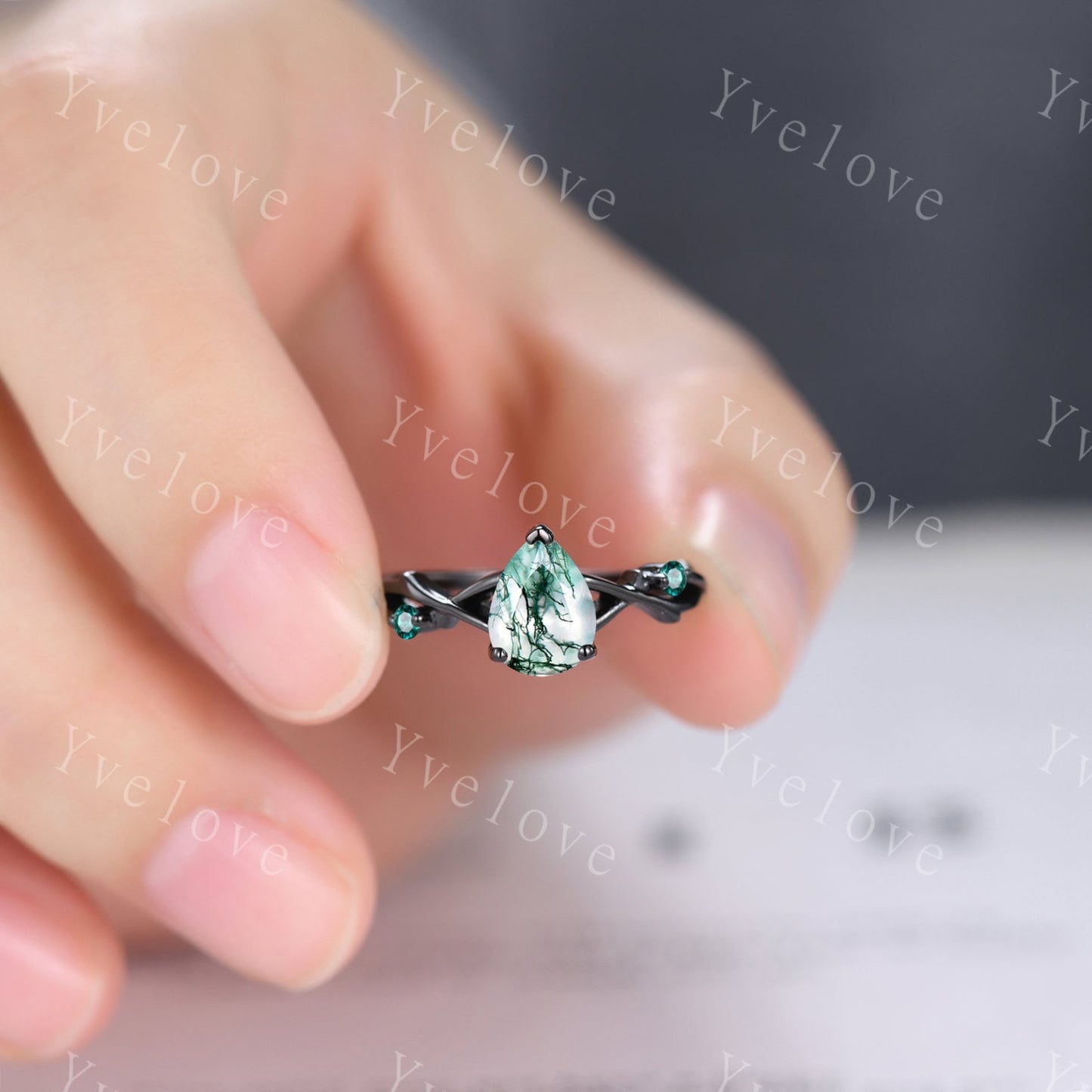 Unique Twig Pear Moss Agate Engagement Ring Set,Vintage Leaf Emerald Ring,Black Gold Branch Ring,Art Deco Promise Bridal Wedding Ring Set